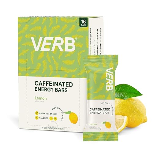 Verb Energy Barras energéticas con cafeína de limón, barra energética baja en azúcar de 90 calorías, barras nutricionales, aperitivos veganos, sin