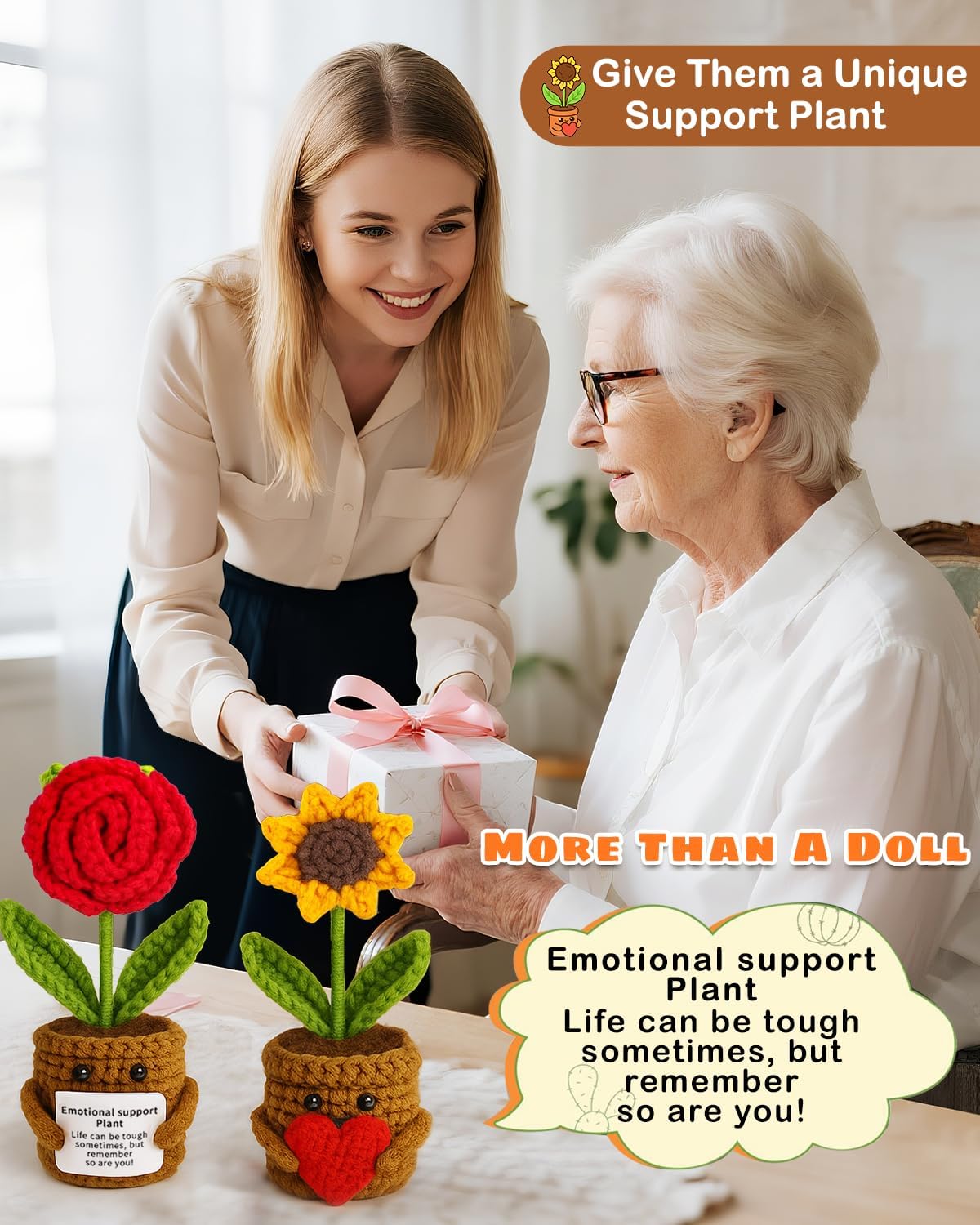 2pcs Knitted Flowers Sunflower Gifts for Women Handmade Knitted Planters with Card Gifts Birthday Gifts for Women Mom Family Friend Teacher Coworker Xmas Party (2pcs) - Image 6