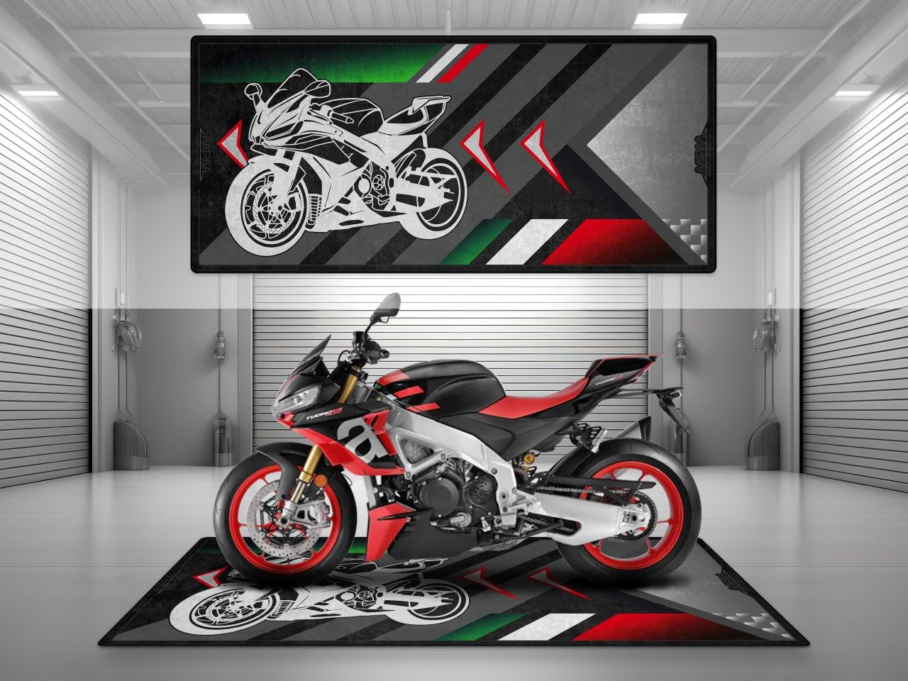 Tappetino da parcheggio MPM per Moto Sportiva RSV4, Lavabile, Antiscivolo, Resistente all'olio e all'Acqua, per Garage, showroo | Nero da Corsa - Dimensioni 1: 86.6 x 39.4/220 x 100 cm