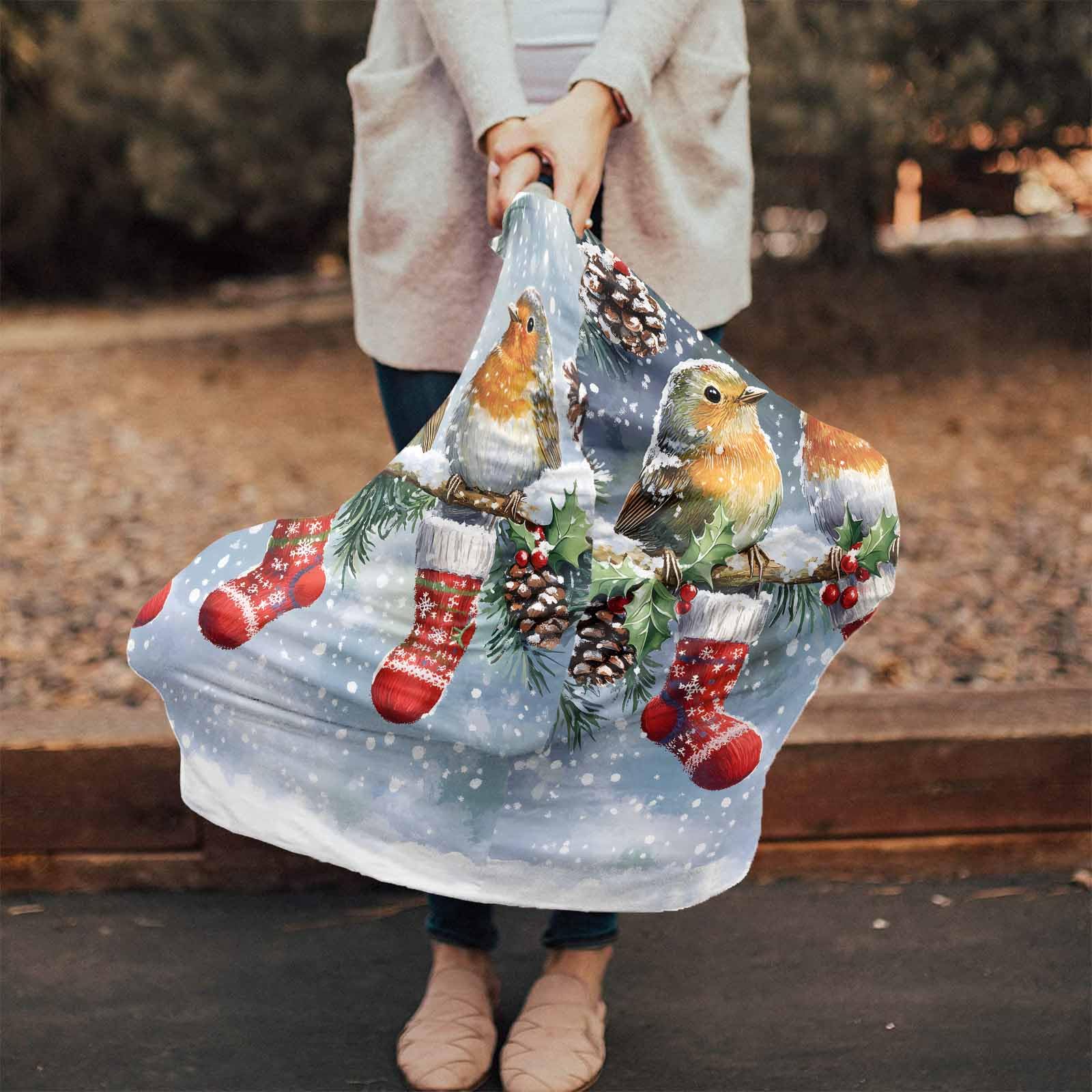 Nursing Cover for Breastfeeding Scarf, Christmas Winter Bird Stocking Pine Needles Snow Baby Car Covers Super Soft Multi Use for Canopy Shopping Cart Cover Blanket Stroller Cover
