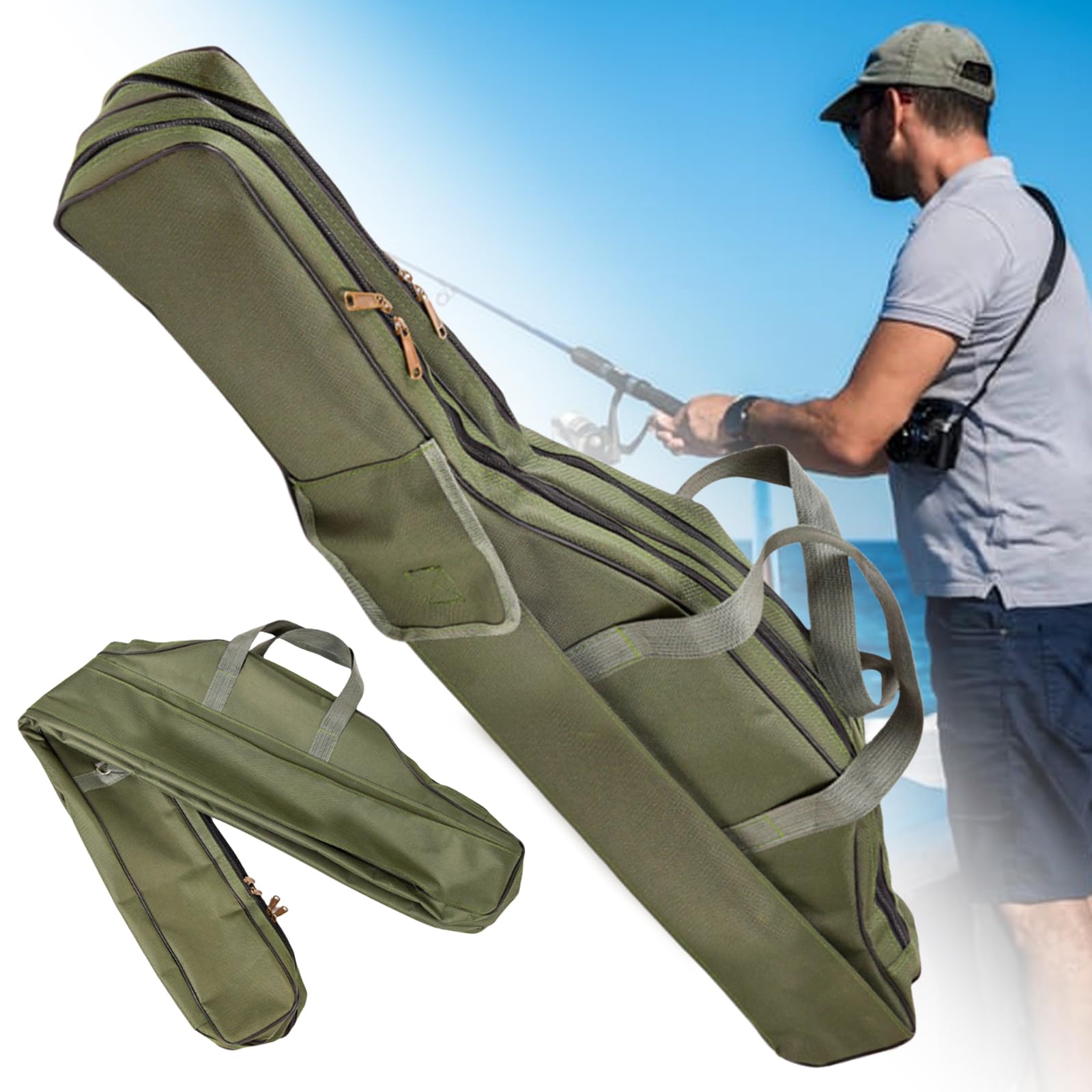 3 Lagige Angeltasche, Rutentasche, Angelruten Tasche, Angelrutentaschen, Faltbarer Angelrute Tasche, Fishing Rutentasche, Fishing Bag Für Angelruten Angelgerät Reise Aufbewahrungstasche (Grün)