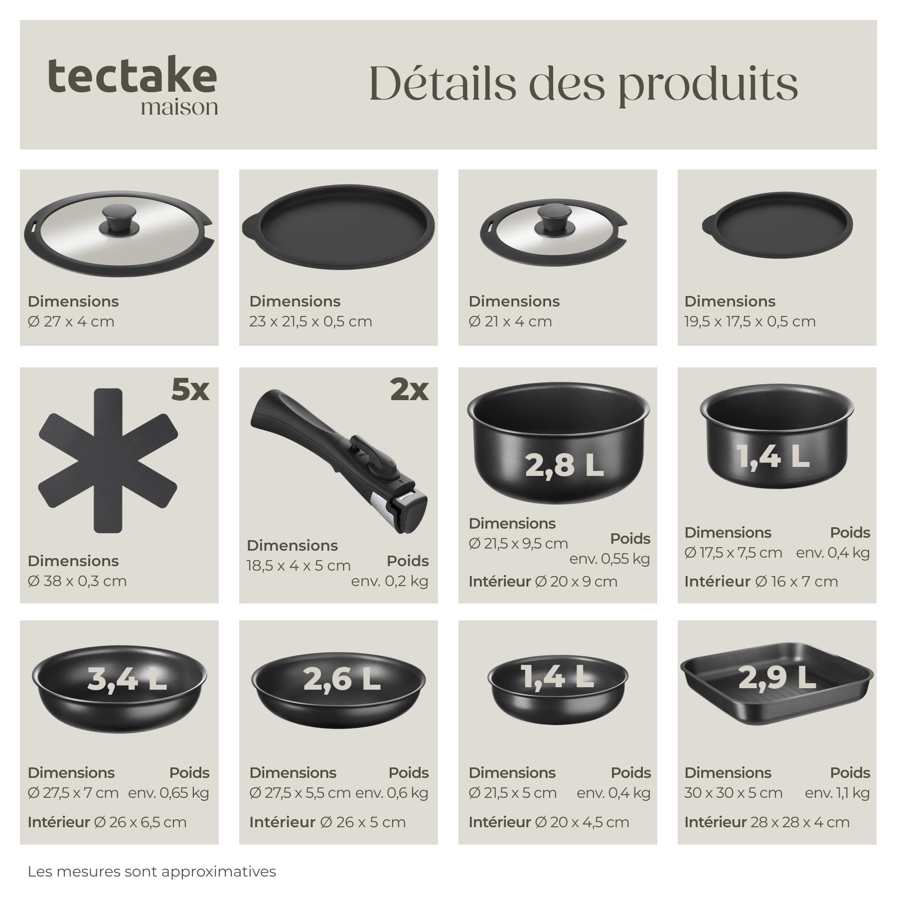 tectake® Set de cuisine 47 pièces, Service de table 6 personnes et Batterie de cuisine, Poêles Casseroles Service vaisselle Assiettes petites et grandes Assiettes creuses Bol Tasse Vaisselle en grès