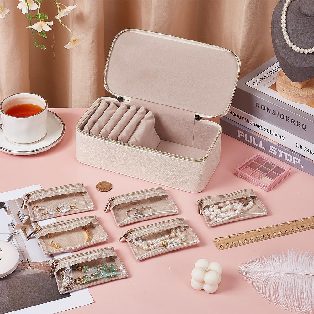 FINGERINSPIRE Schmuckschatulle Mit Taschen Set 23.5x11.7x8.4cm Weiß Reise Schmuck Organizer Mit 12 Samtbeuteln Aufbewahrungskoffer Aus PU Leder Mit Griff Zum Schutz von Halsketten Ringen Ohrringen