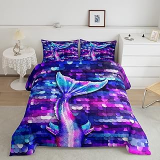 Castle Fairy Mermaid Tail Bedding Set for Boys Girls,Colorful Sequins Printing Pattern All Season Cozy Comforter Set Full Size,Fancy Ocean Animal Duvet Set Bedroom Decor,Festival Gifts