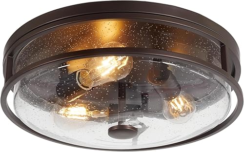 Miniatura 15 de Lámpara de techo de montaje empotrado grande de 16 pulgadas con vidrio semillado, pantalla de lámpara de techo redonda de veta de madera, grano de