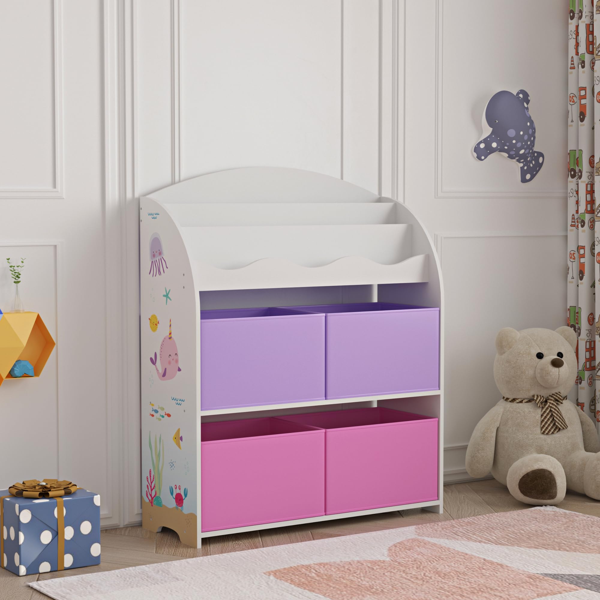 [en.casa] Estantería Infantil de 3 Niveles y con 4 Cajas Librería con Motivos Infantiles Dormitorio para Niños Habitación Infantil 98x83x30 cm Aglomerado - Motivo del Océano Púrpura/Rosa