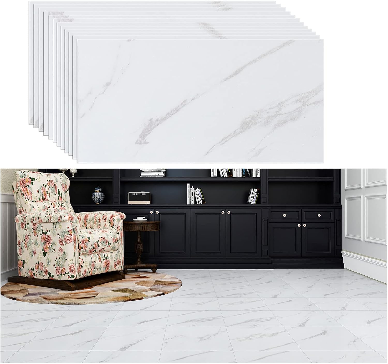VEELIKE 12"x24" Peel and Stick Floor Tile White Marble Waterproof Bathroom Stick on Tiles Flooring Self Adhesive Removable Vinyl Flooring Tile Stickers for Kitchen Backsplash Garage Bedroom 12 Pack