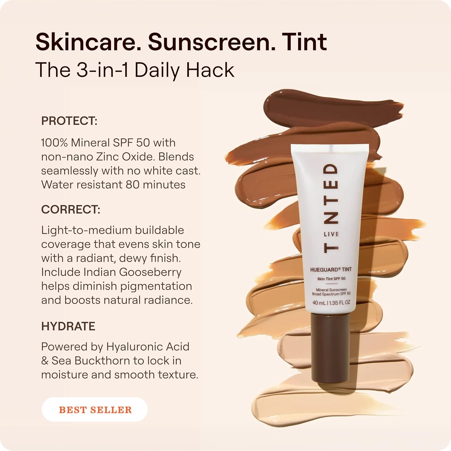 Live Tinted Hueguard Skin Tint SPF 50 - Tinted Mineral Sunscreen with Light-Medium Buildable Coverage With a Hydrating and Radiant Finish - Water and Sweat Resistant, 1.35 fl oz - Shade 07
