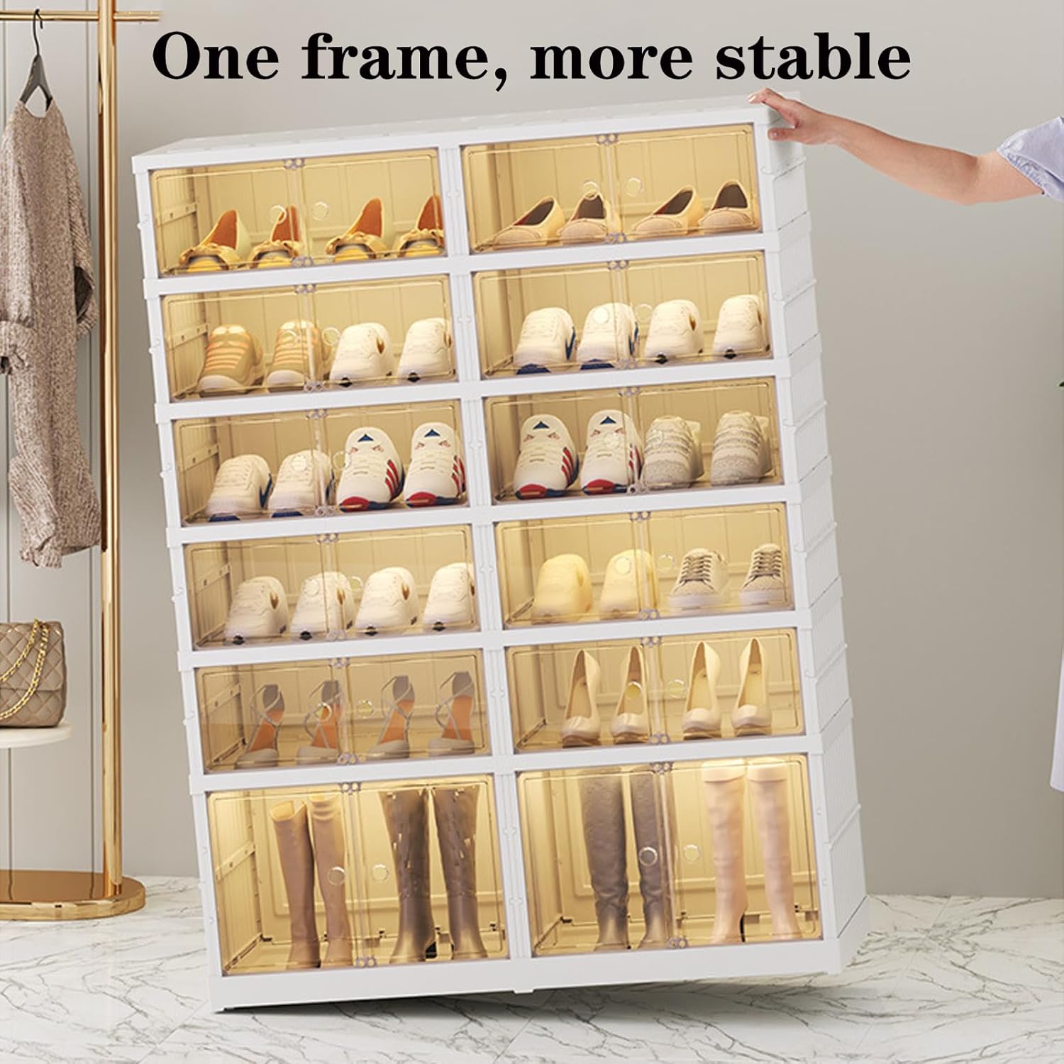 Foldable Organizer, 6-Tier Stackable Shoe Storage with Magnetic Clear Door, Large Plastic Easy Assembly Closet Organizers for Lids 12-24Pairs