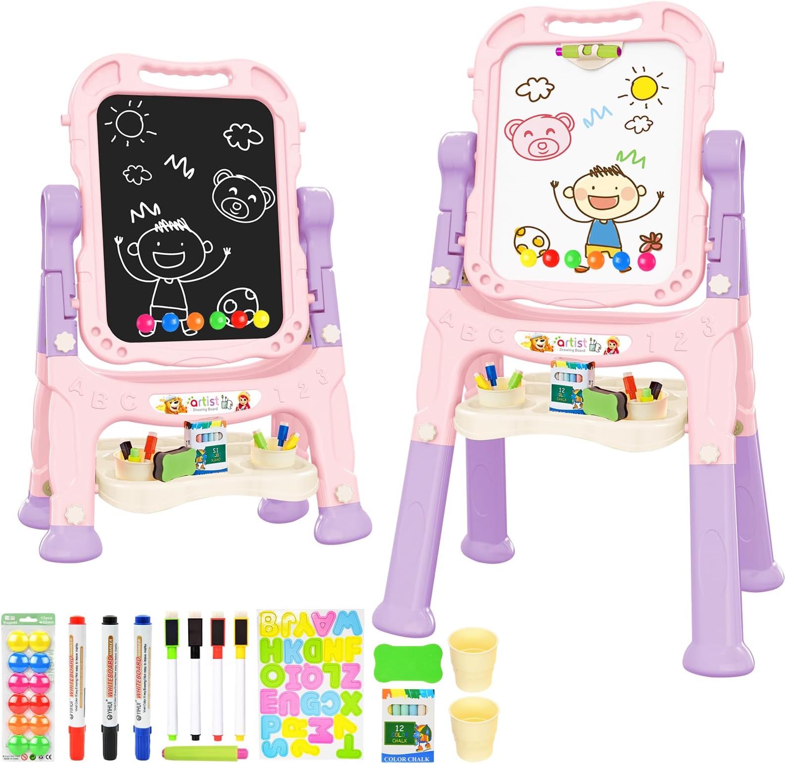 Amagoing Easel for Kids, Adjustable Standing Art Easel for Toddler, Double Side White Chalk Board with Painting Accessories, Birthday Christmas Gift for Little Girls and Boy Age 3 4 5, Pink