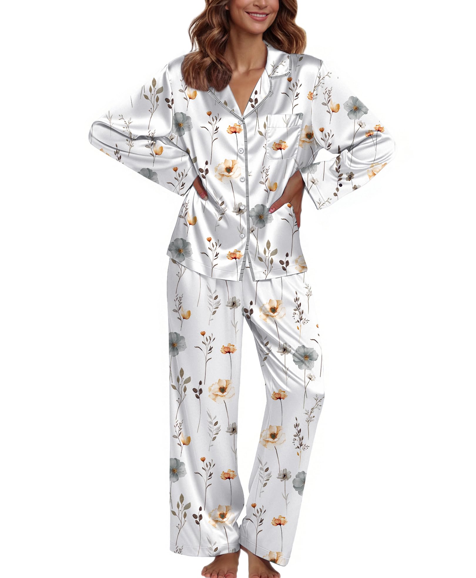 Ekouaer Pajamas For Women Set Silk Pjs 2 Piece Satin Sleepwear Long Sleeve Button Down Lounge Sets With