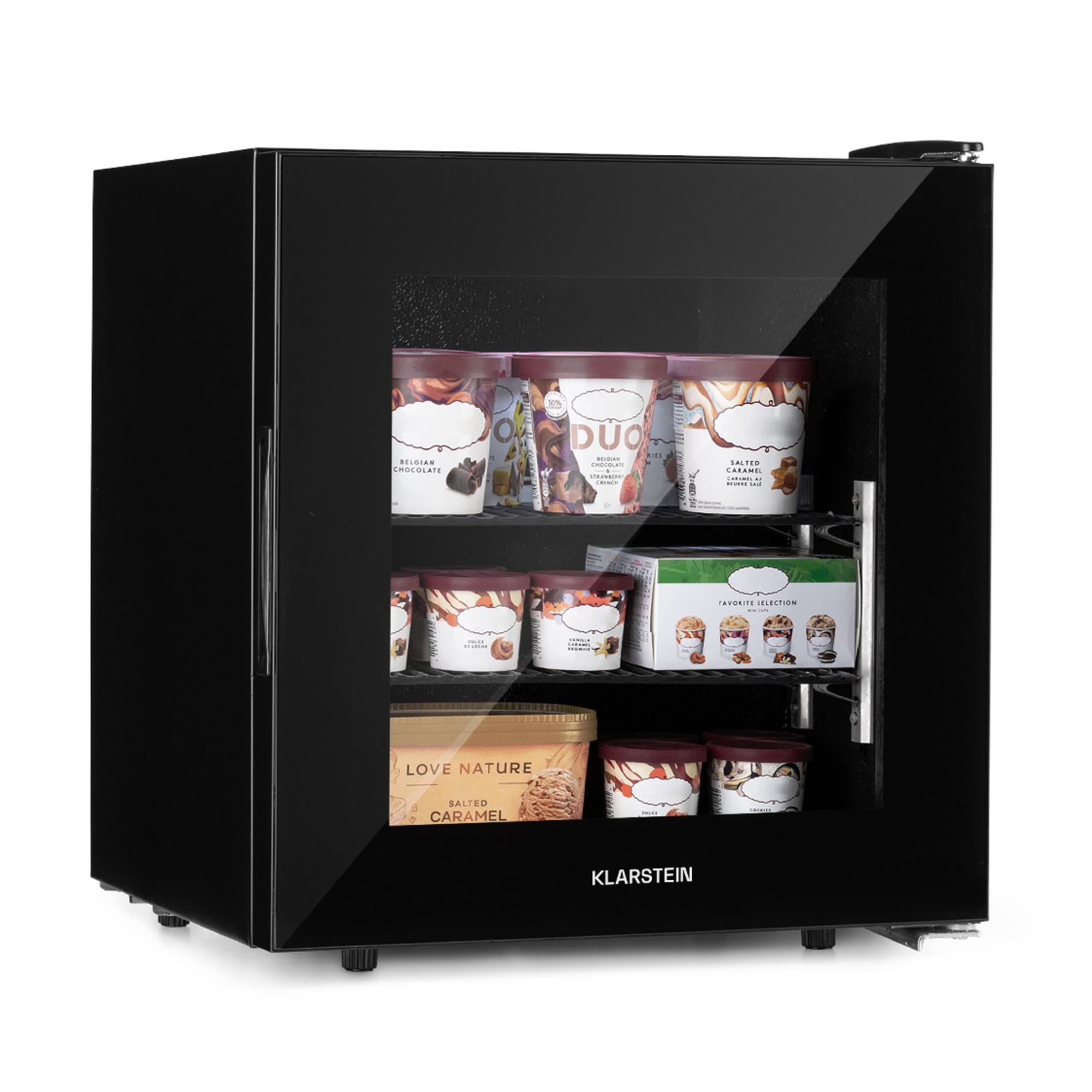 KLARSTEIN IceAge - Congélateur avec façade vitrée, thermostat à 5 niveaux, 0 à -20°C, pieds réglables en hauteur, boîtier en acier, CEE E, 2 clayettes, 36 litres