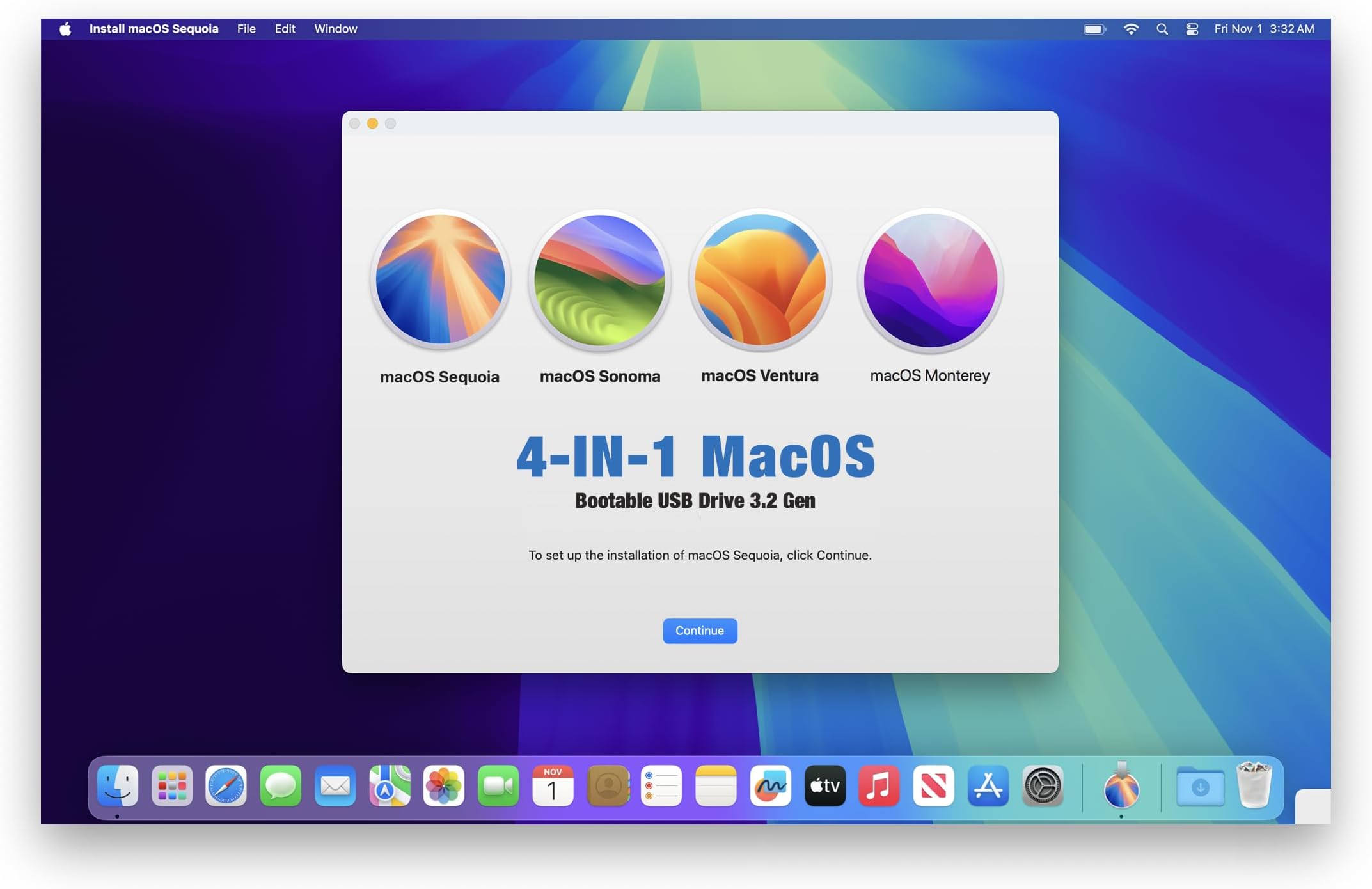 4-IN-1,Bootable MacOS Sequoia 15、Sonoma 14、Ventura 13、Monterey 12.7, USB Drive 3.2, Reinstall/Recovery/Restore Mac OS X