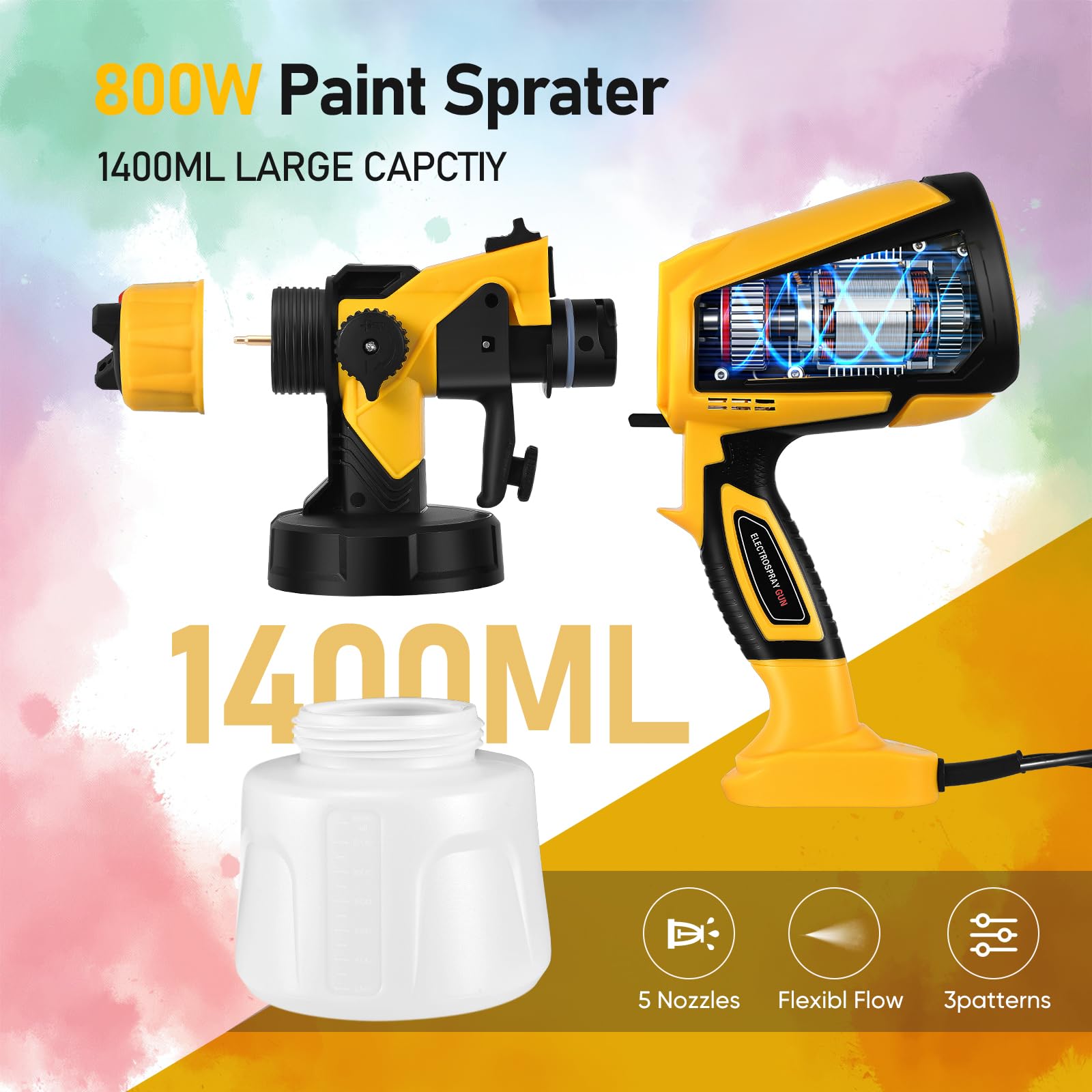 Pistola de Pintura,800W HVLP Pulverizador de Pintura Eléctrico con Recipiente de 1400ml, Flujo Máximo de 1000ml/min,5 Boquillas para la Pulverización y Limpieza del Bricolaje（Amarillo）