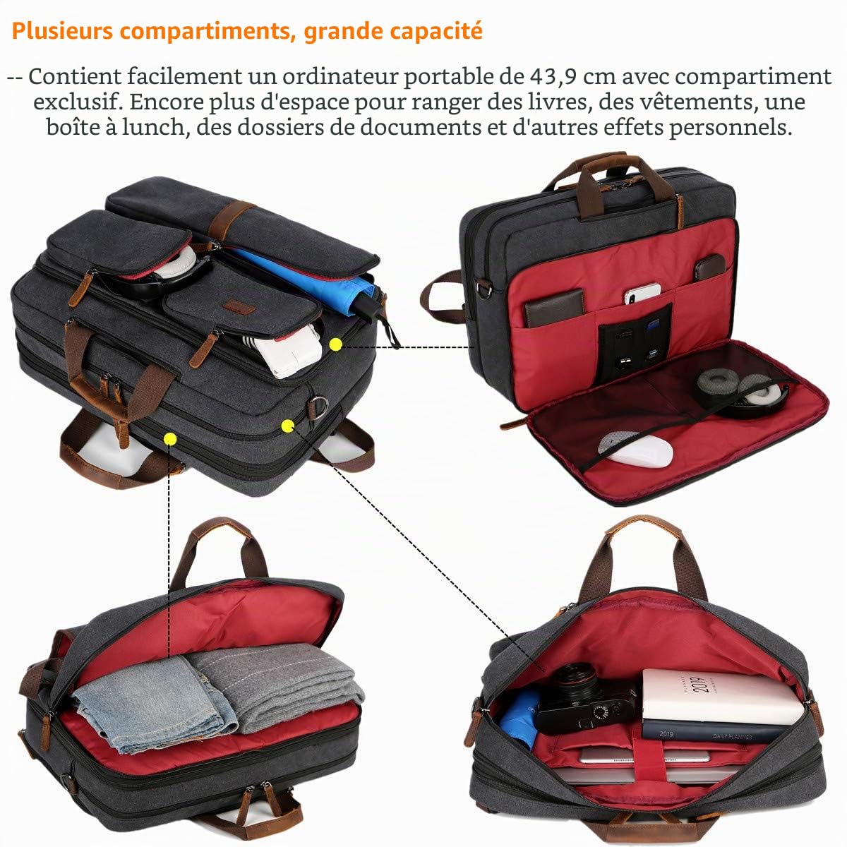 Baosha Sac à main 3 en 1 en toile et cuir convertible pour ordinateur portable - Sac à dos multifonction pour ordinateur portable de 15,6 à 17,3" - Pour homme/femme - BC-11, Noir