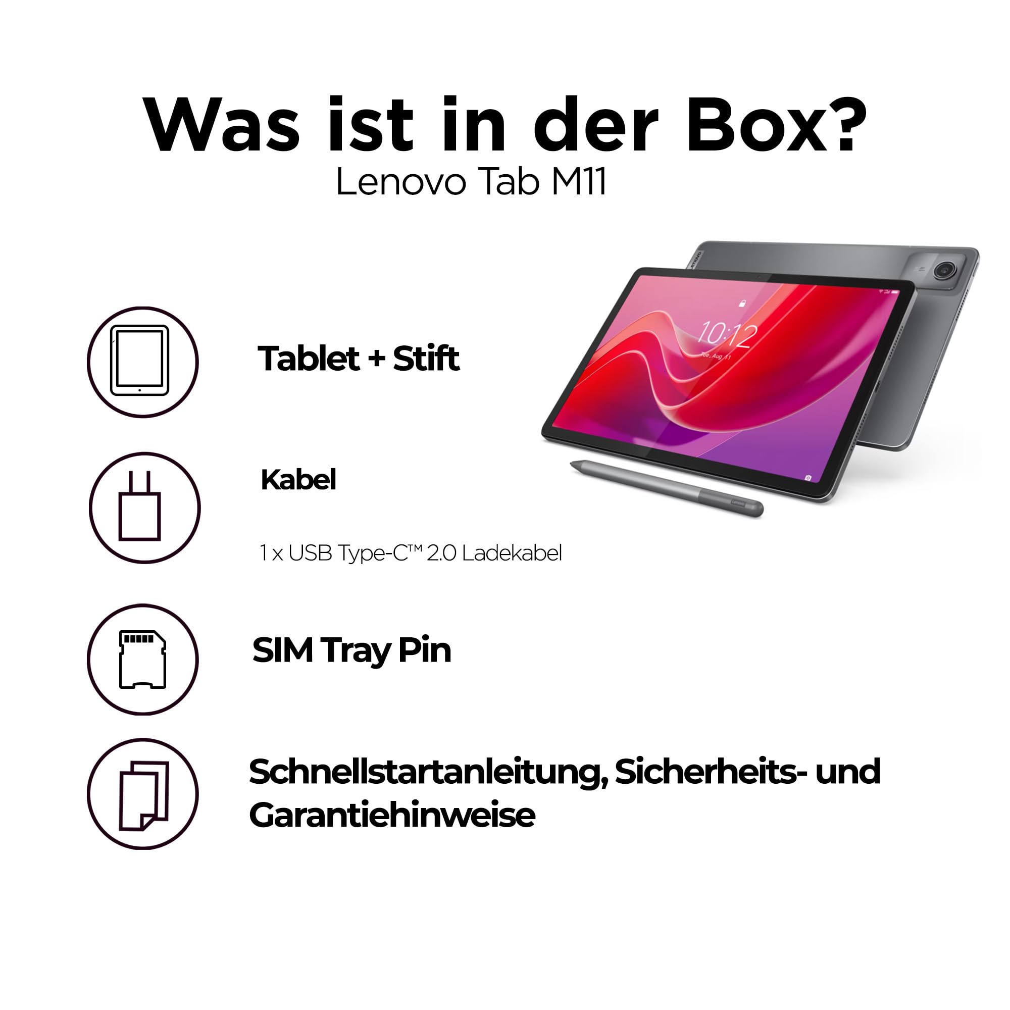 Lenovo Tab M11 Tablet | 11" WUXGA Touch Display | MediaTek G88 | 4GB RAM | 128GB eMMC 5.1 | Android 14 | grau | inkl. Pen