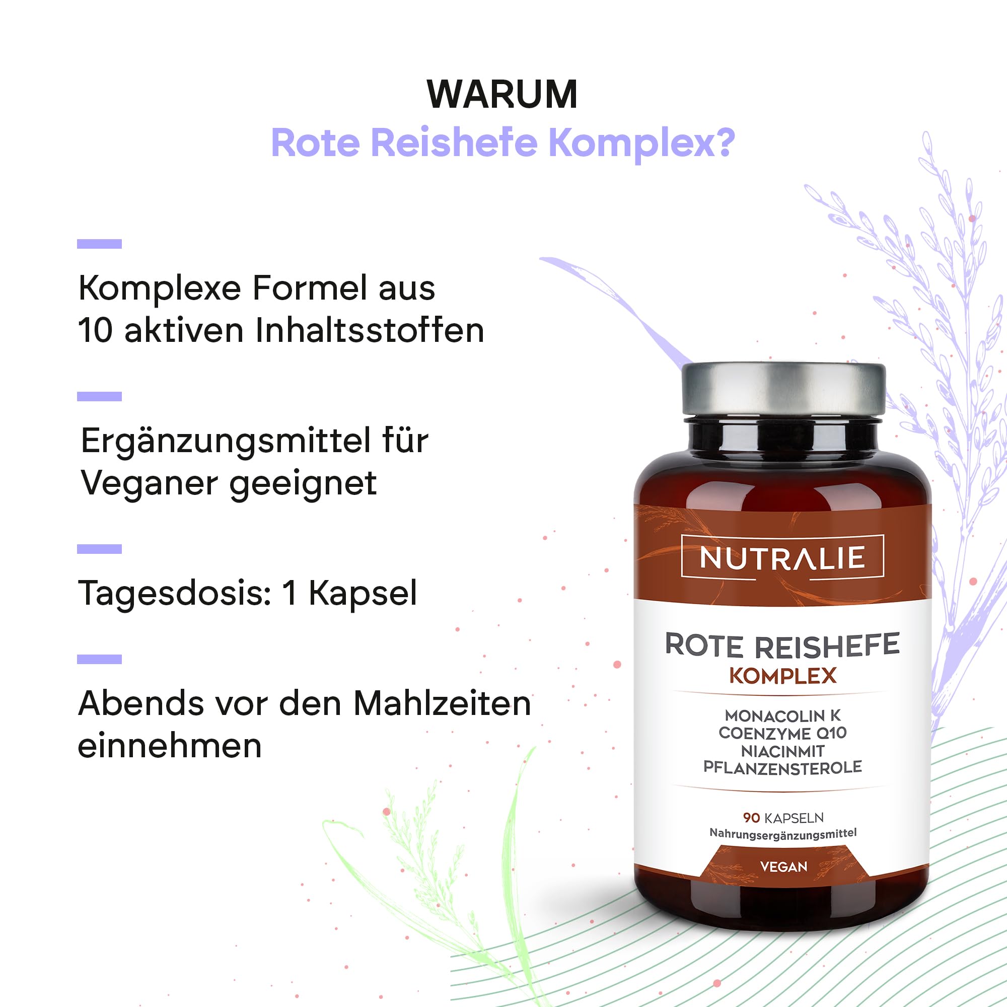 Fermentierter Roter Reis 2,9mg Monacolin K + Q10 + Vit C E - FermentierterRoter Hefereis - 90 Vegan Kapseln Nutralie