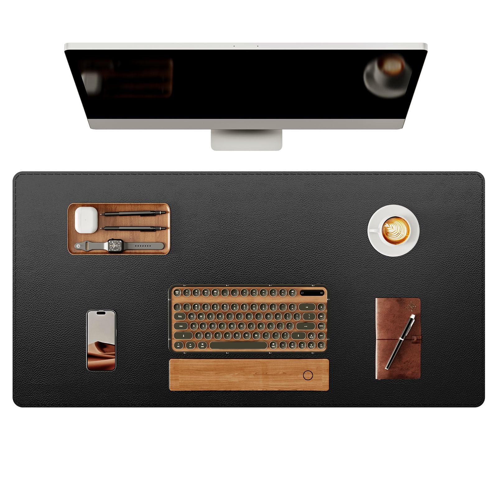 YSAGi Genuine Leather Desk Mat, 31.5"x15.8" Leather Desk Mat, Office Desk Pad, Thick Desk Pad with Stitched Line, Non-Slip Laptop Writing Pad with