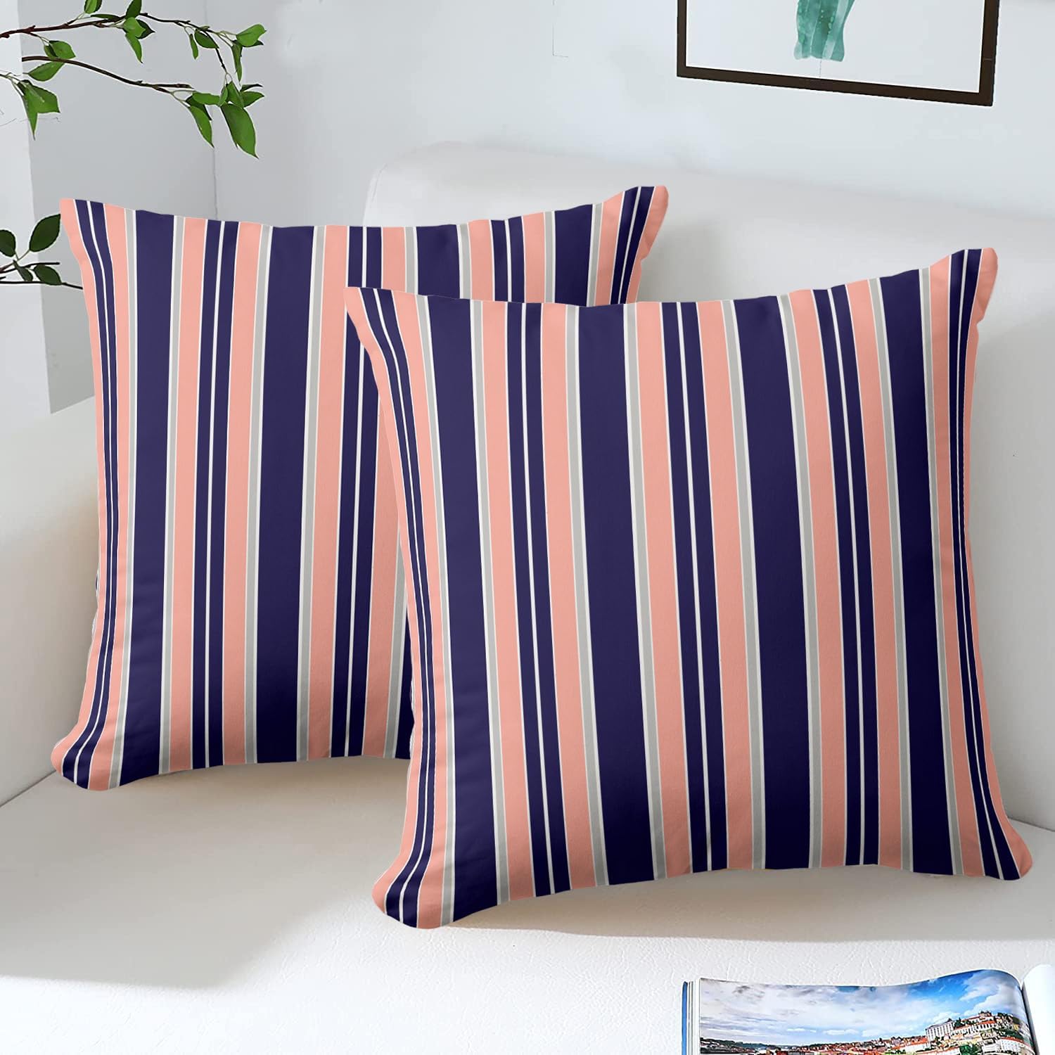 Navy Coral Stripes Outdoor Pillow Covers 20 x 20inches Decorative Pillow Case for Sofa Couch Bed (Pillow Insert Not Include)