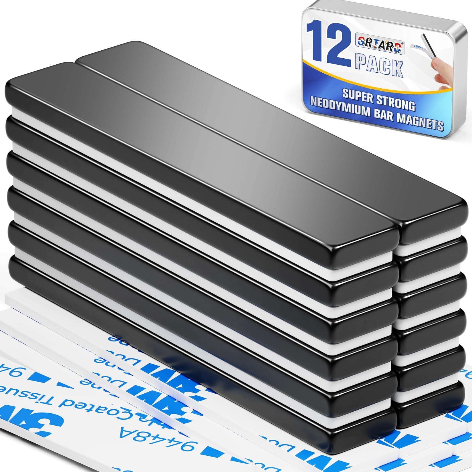 Grtard 4 Pack Neodymium Magnets 60x10x3mm Rare Earth Magnets Fridge Magnet Strips with Double Sided Adhesive for Multiple Use (4 Pack Black) (12)