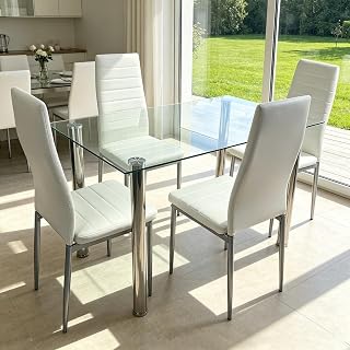 PU Leather Dining Chairs Set of 4, Modern Kitchen Chairs with High Backrest, Horizontal Stitching Upholstered Side Chair with Round Tube Metal Legs for Dining Room, White & Gray