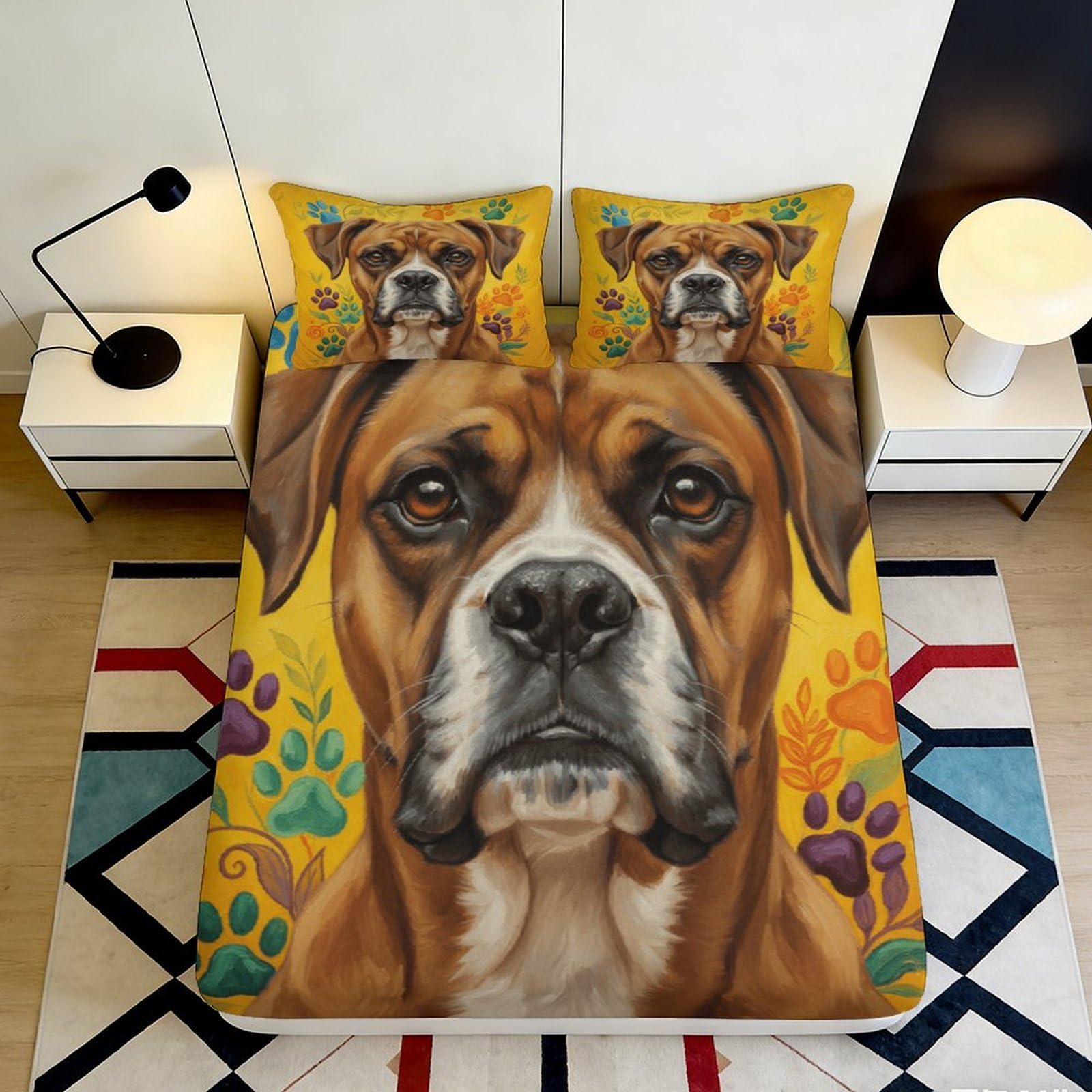 3D Printed Boxer Dog Fitted Sheet Microfiber Soft Decor Paw Print Mattress Cover for Bedroom Guest Room Dorm 90x200x25cm