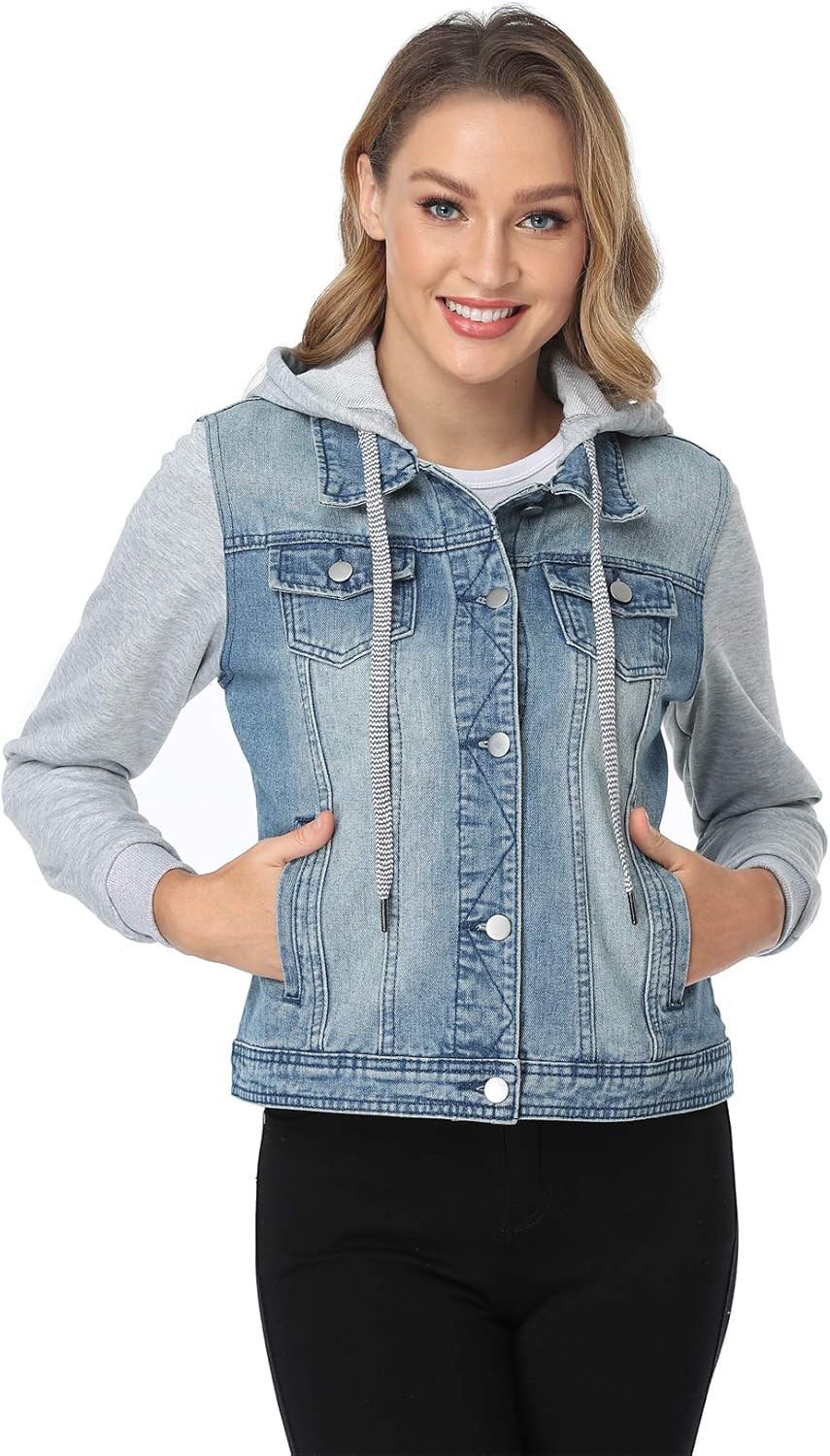 MISS MOLY Women's Layered Drawstring Casual Hoodie Denim Jackets Jean Jacket Coat w Pockets - Image 4