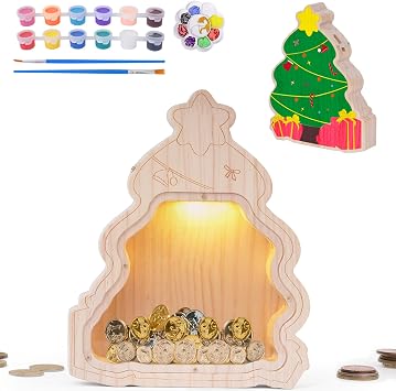 Wooden Piggy Bank for Kids, DIY Night Light Personalized Money Bank for Boy, Girl, Unbreakable Saving Box with Paintbrush and 12 Paints, Coin Jar Gift for kids Birthday&Decor Xmas-tree