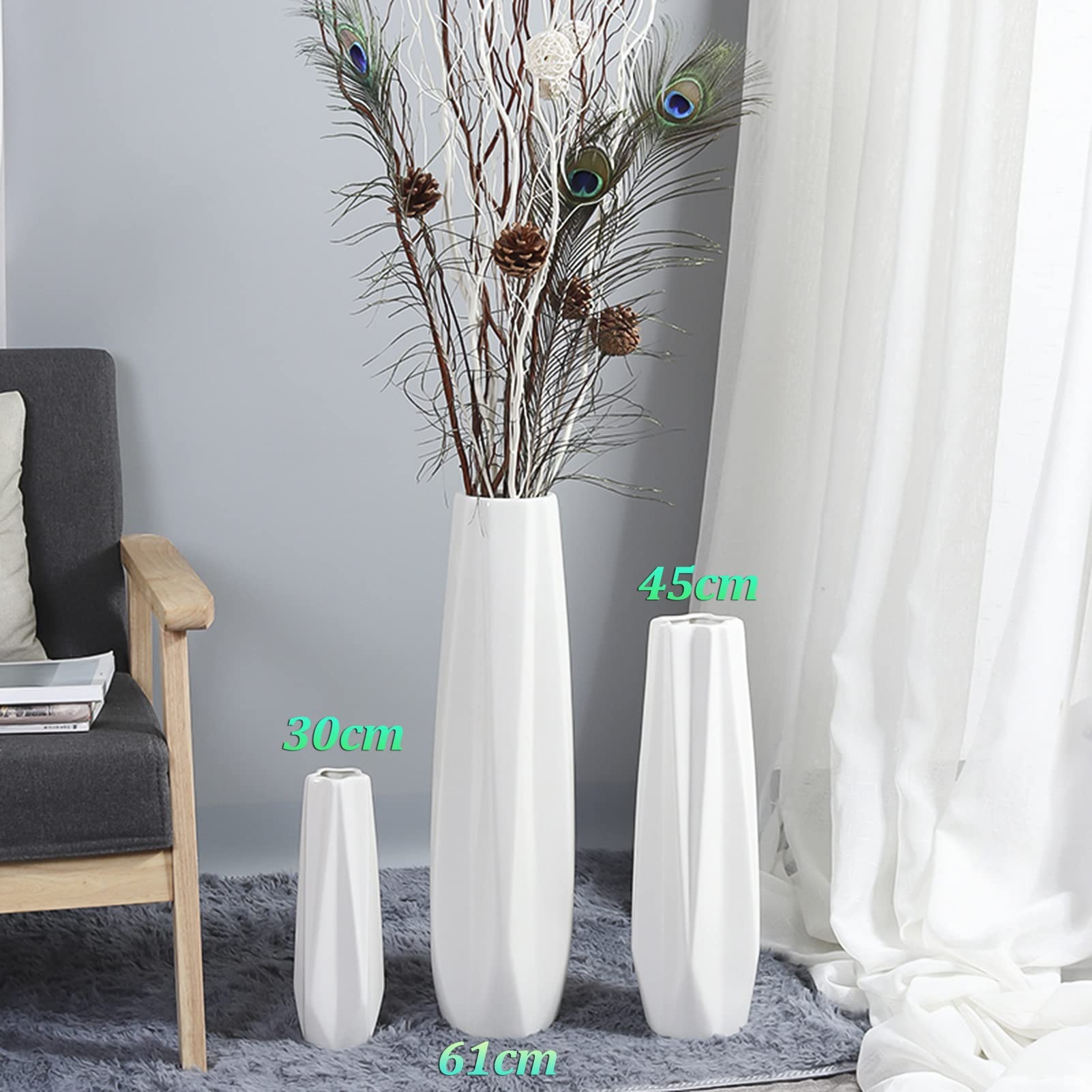 Wazon Ceramiczny, Dekoracyjny, Duży, Podłogowy, Duży Wazon Podłogowy, Biały Ceramiczny Wazon, Ręcznie Robiony, Elegancki Pojemnik Na Ozdobne Gałęzie I Suszone Kwiaty, Biały, 30 Cm