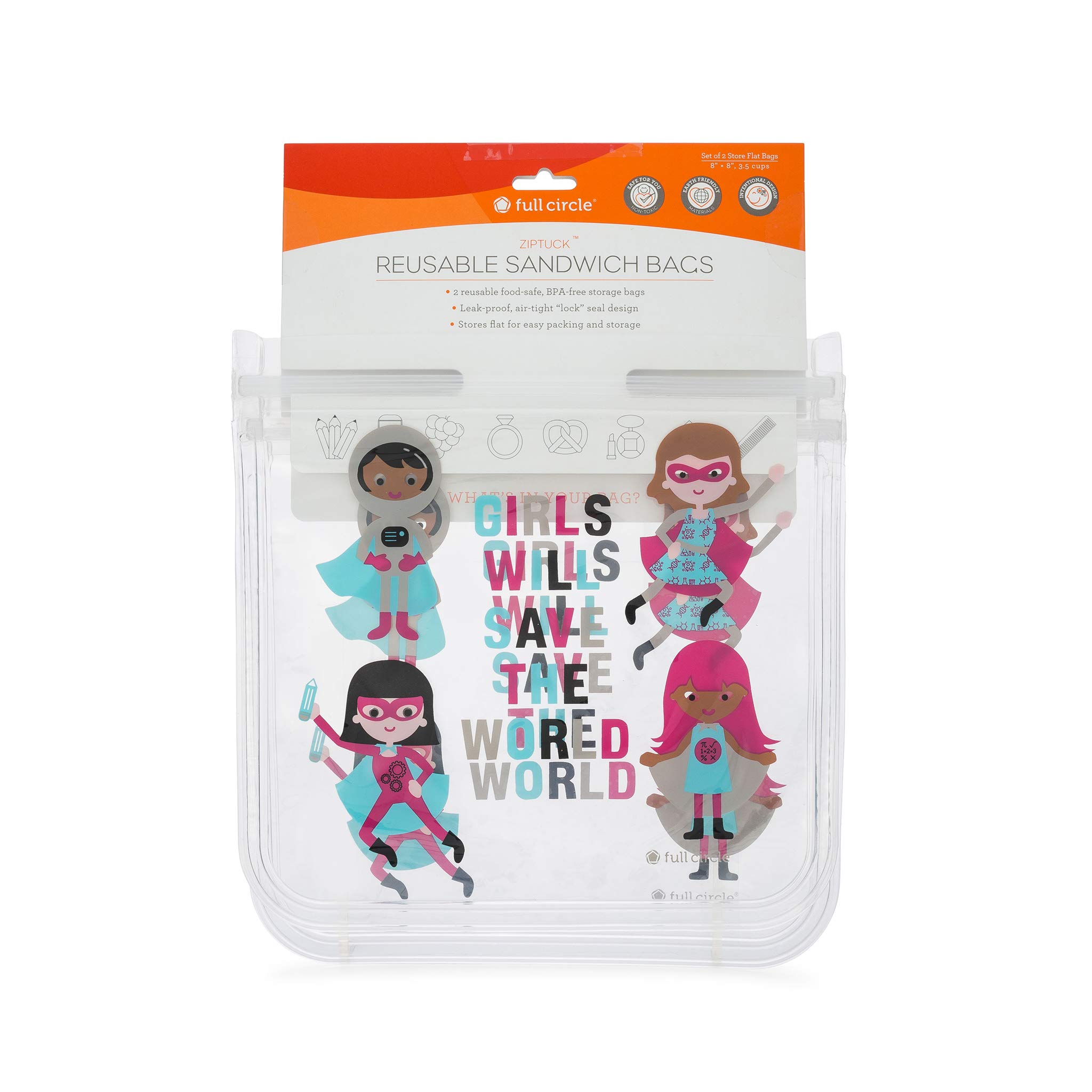 Full Circle Ziptuck Reusable Sandwich Bag - Multi-Use Leak-Free Food-Safe Storage Bag, BPA-Free – Set of 2 Sandwich Bags, Girl Heroes