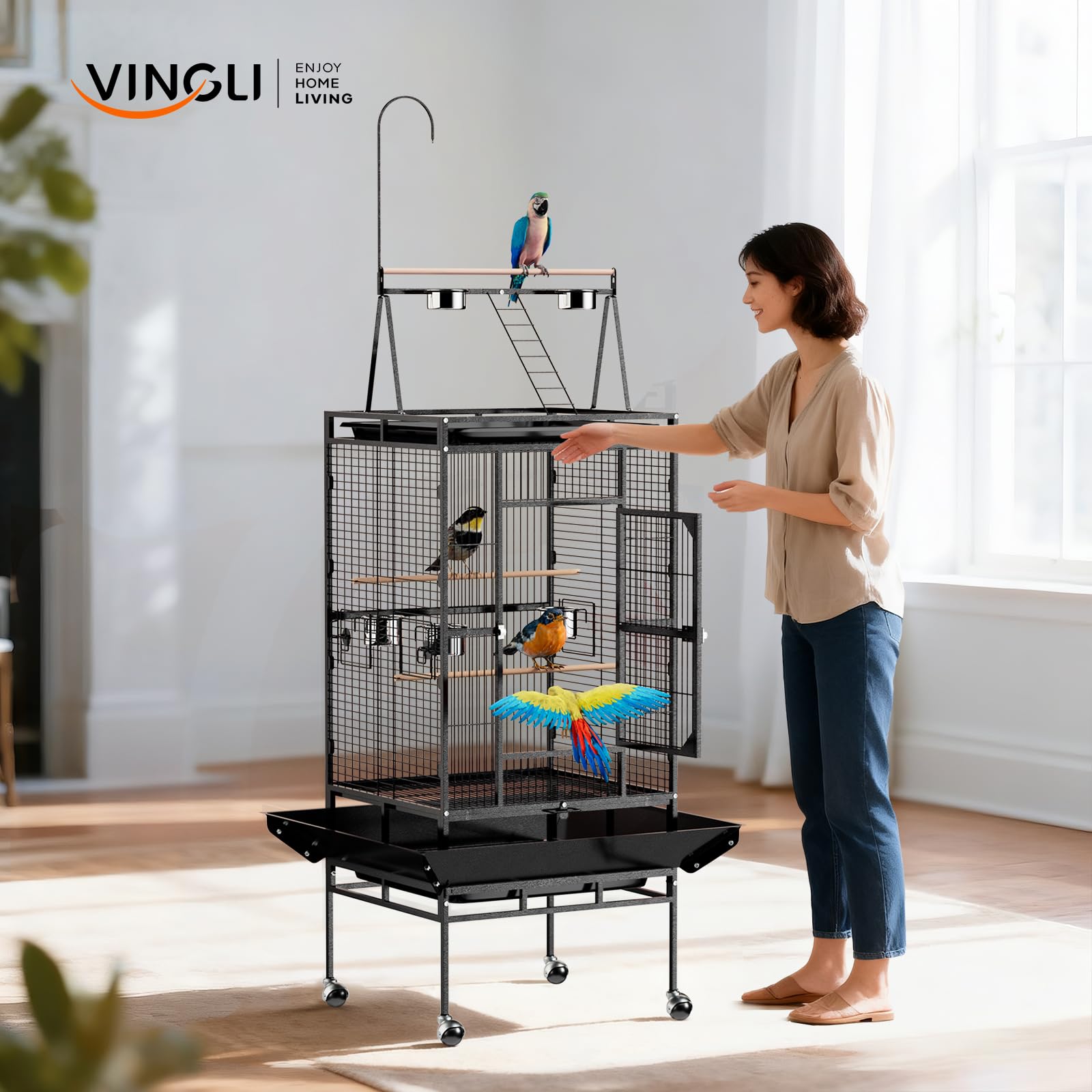 LEADZM Cage Oiseau, avec escalier sur Le Dessus et Double Bol d'alimentation, Robuste et Durable, avec 5 Positions d'alimentation, 83 x 78 x 210 cm
