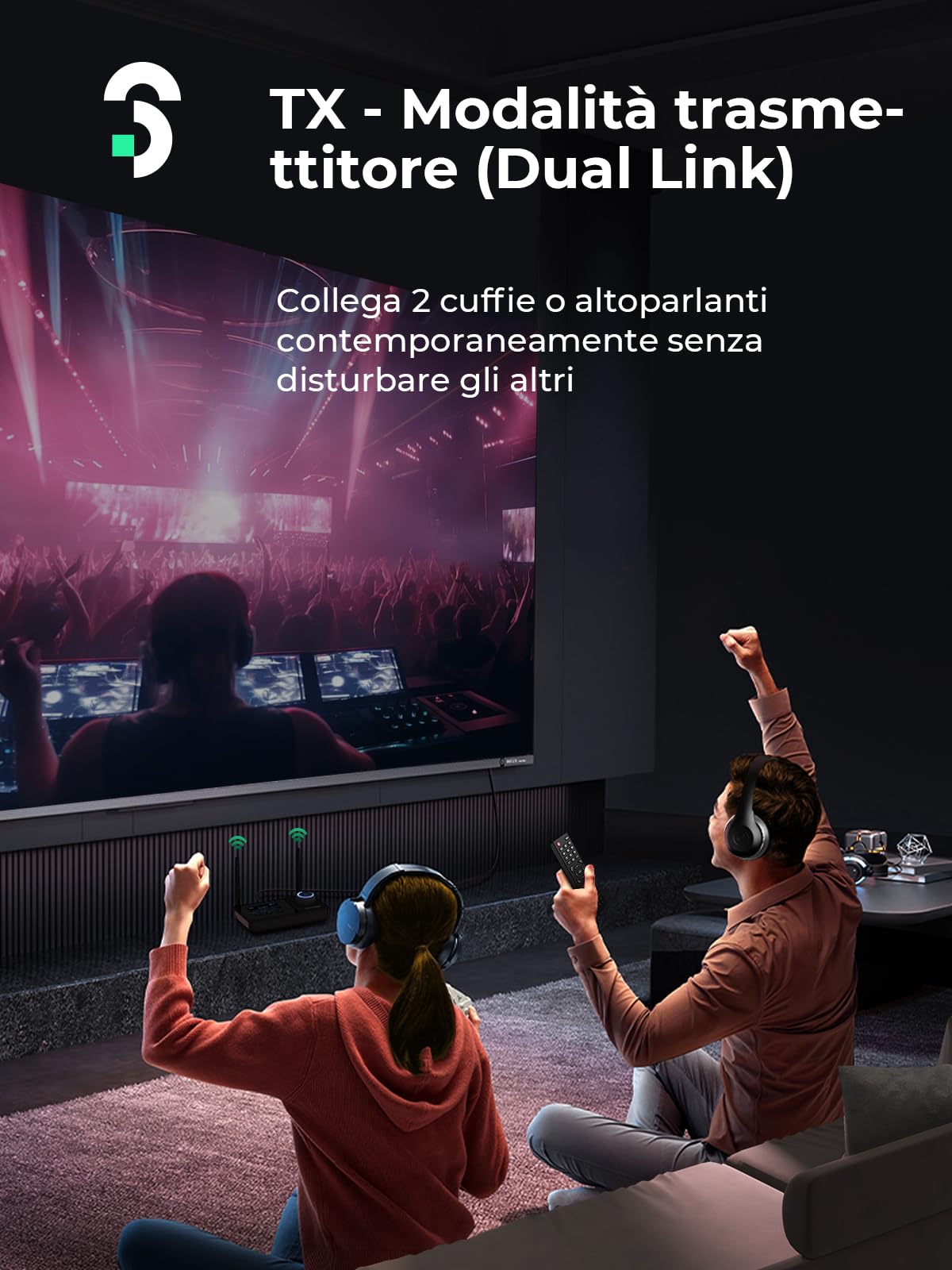 SOOMFON 3-in-1 Trasmettitore Ricevitore Bluetooth 5.3 con doppia Antenna, Adattatore Audio BT per 2 cuffie, Trasmettitore Bluetooth per TV e Stereo, con display e controllo del volume, AUX/Ottico
