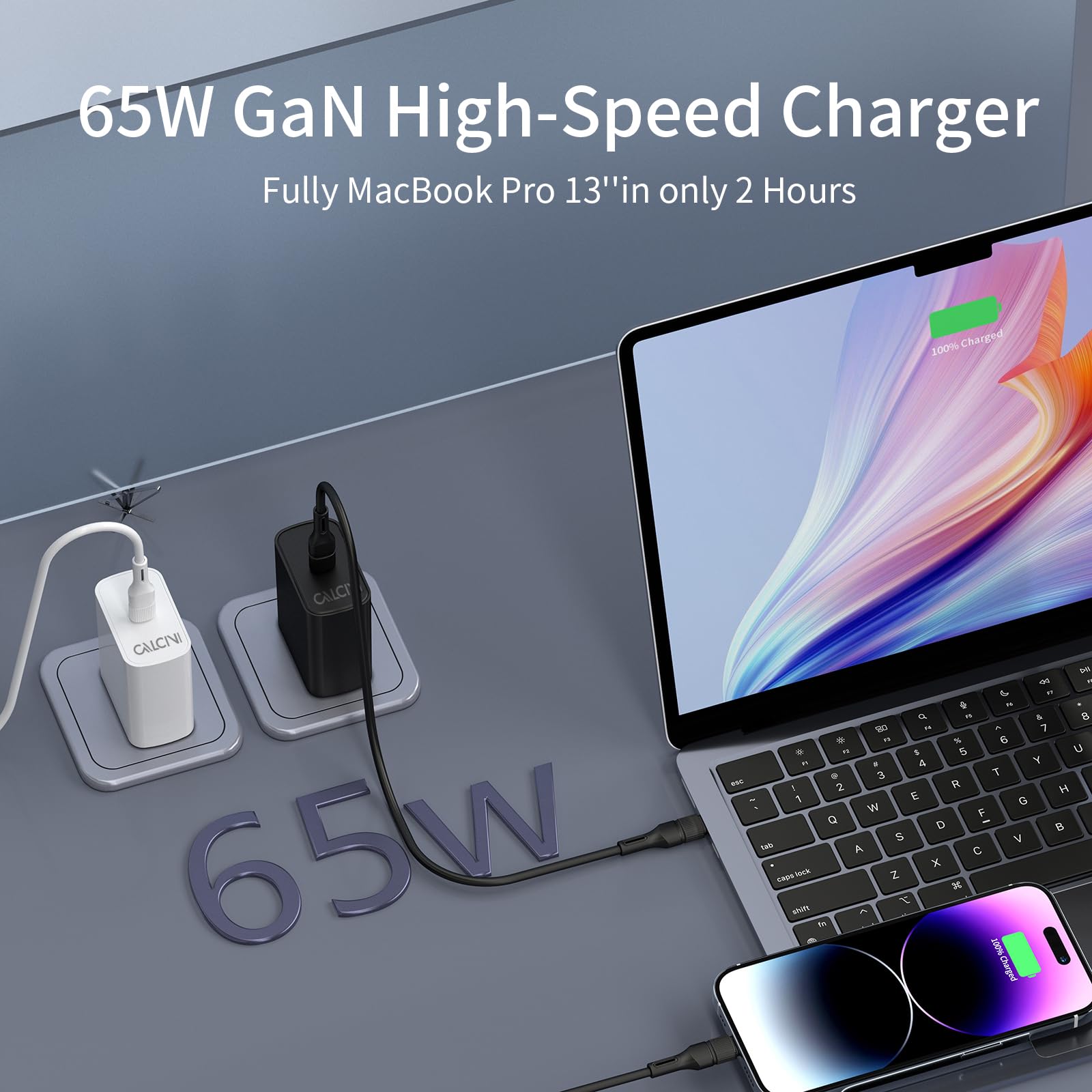 CALCINI 2 Pack 65W USB C Charger - Fast Type C Charger for Laptop, Phone, Tablet & More