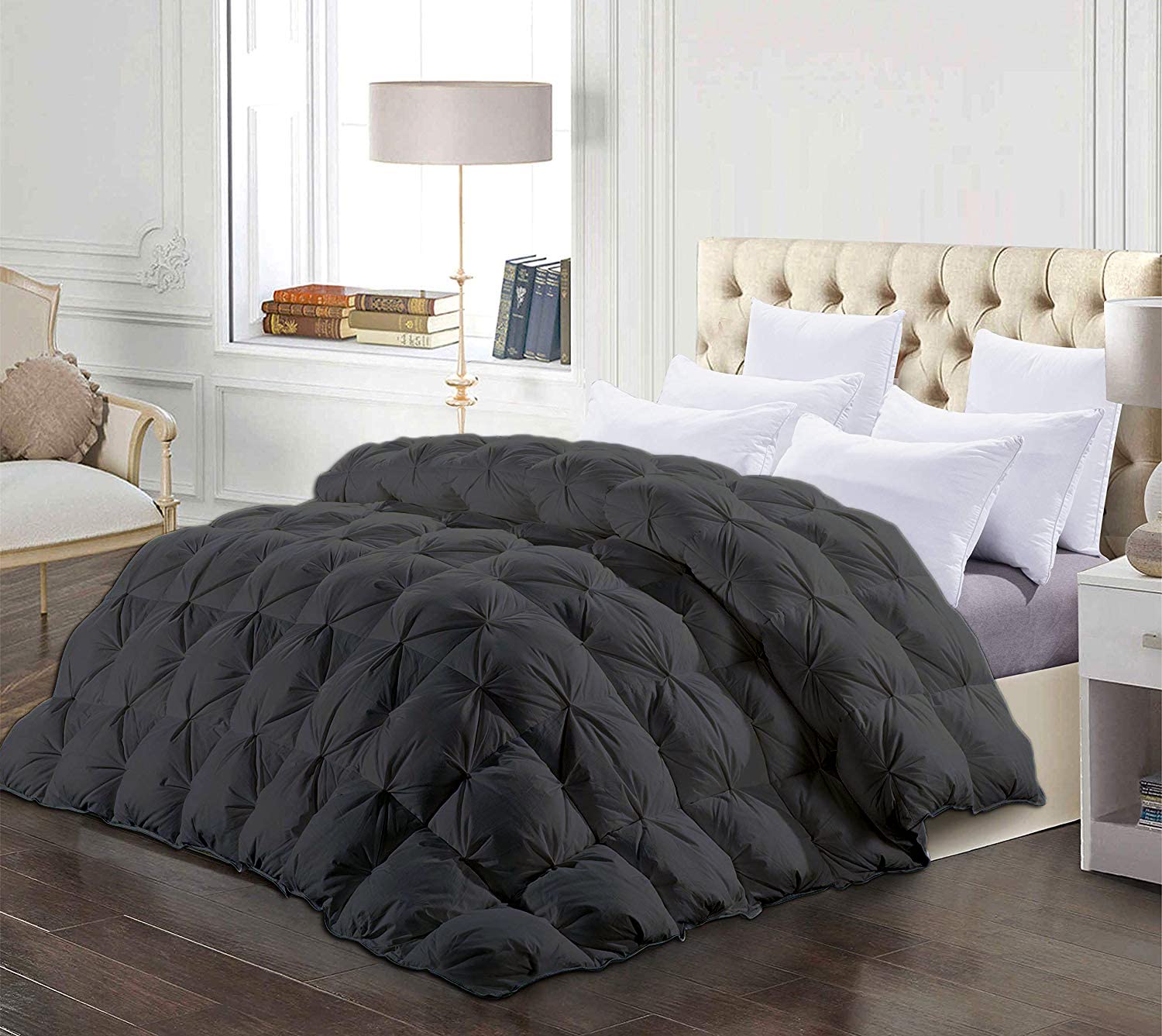 Saferay Green All-Season Luxury - Hotel Quality- Pintuck Style 100% Organic Cotton 1-Piece Pinch Pleat Comforter with 4 Corner Tabs, 500 GSM - Machine Washable (Dark Gray, Alaskan King 136