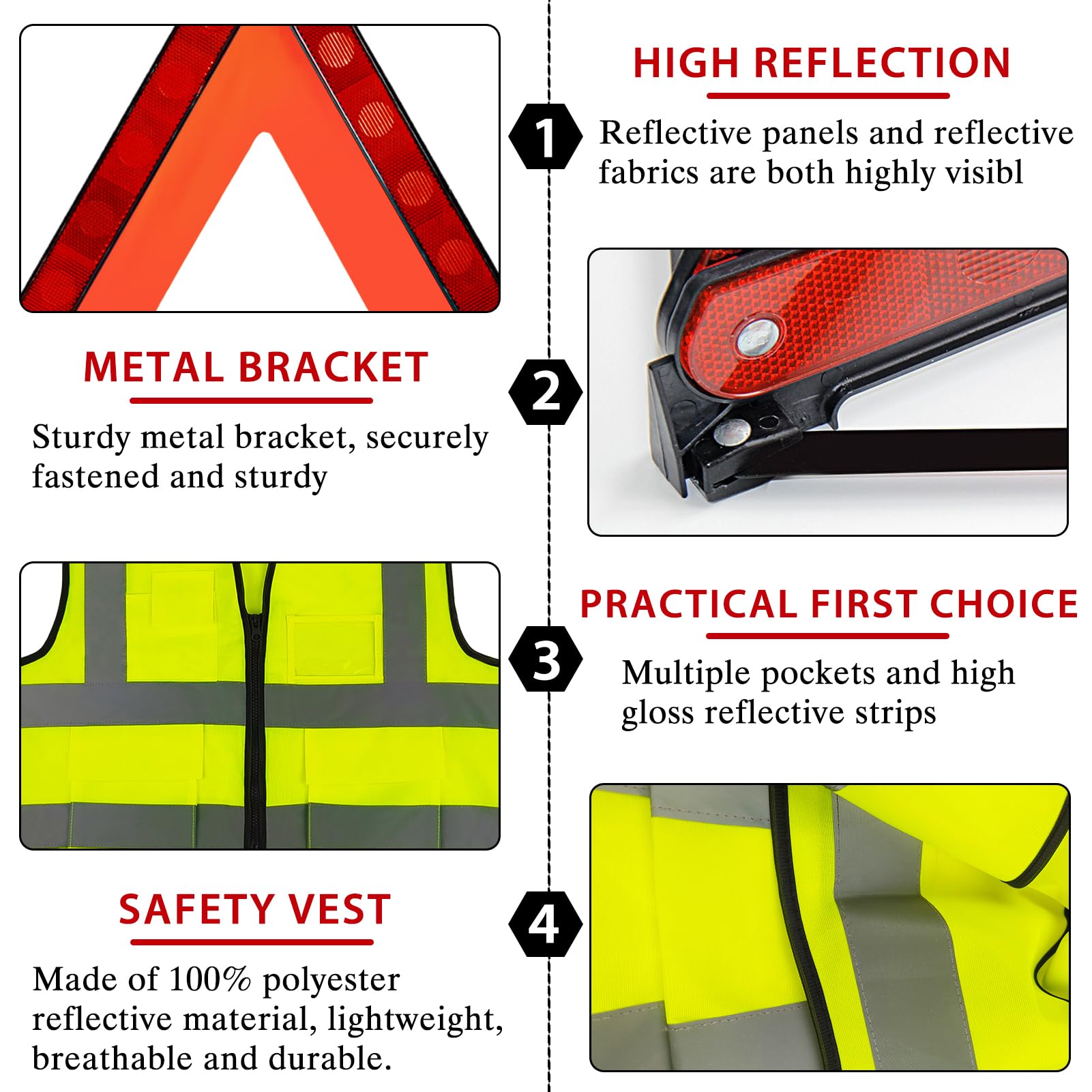 Kit De Emergencia Para Coche 2 En 1 - Triángulo De Advertencia Y Chaleco Reflectante, Plegable Y Estable