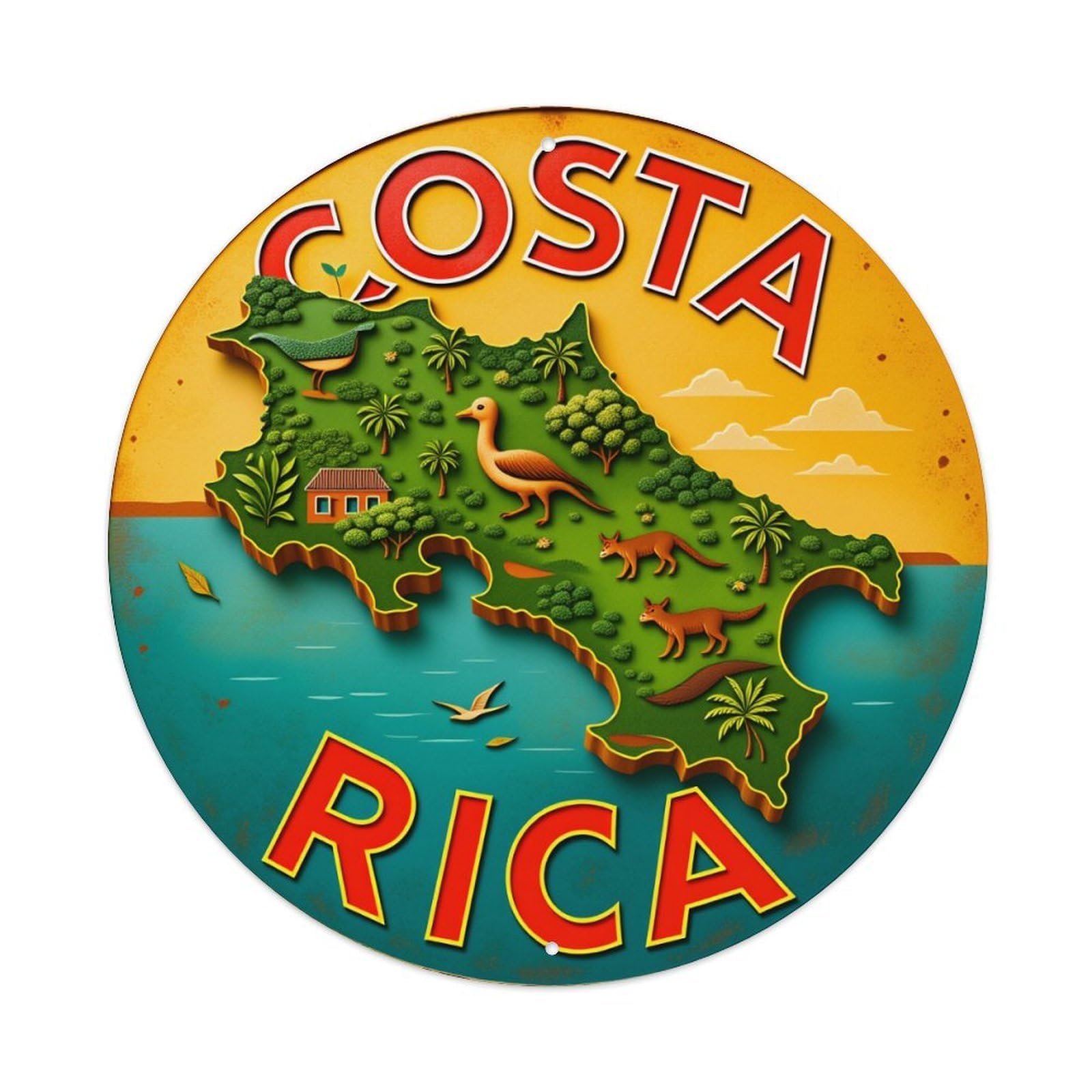 Costa Rica Map Wildlife Nature Round Tin Sign Vintage Metal Poster Retro Bar, Home, Man Cave, Kitchen, Laundry Room Wall Art Decor Gift 8x8Inch