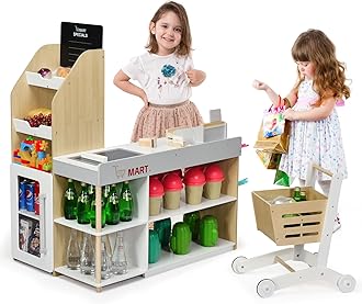 Kids Grocery Store, Wooden Toddler Pretend Play Shop with Shopping Trolley, Scanner, Children Role Play Supermarket Set for 3+ Years Old (With Checkout Belt, Cash Register, POS Machine)