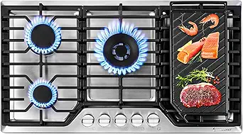 AMZCHEF 36 inch Gas Cooktop with 5 Made in Italy SABAF Power Burners.Max 48300 BTU/hr Built-in Gas Stove top of 304 Stainless steel with Double Sided griddle,NG/LPG Convertible,ETL.