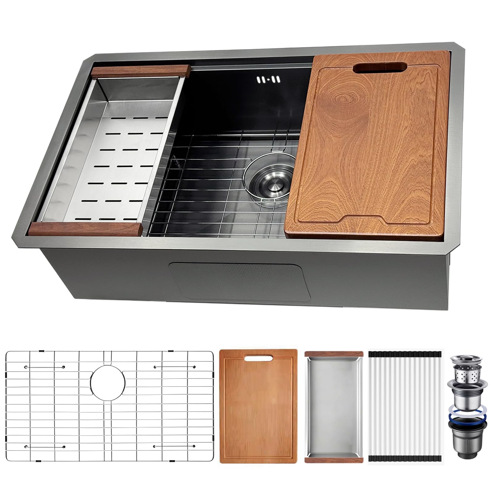 ZQFHSX Kitchen Sink, Stainless Steel, Black, Anthracite, 85 x 50 cm, with Draining Rack, Drip Basin, Chopping Board, Siphon, Drain Pipe, Undermount or Countertop 1 Sinks Sink
