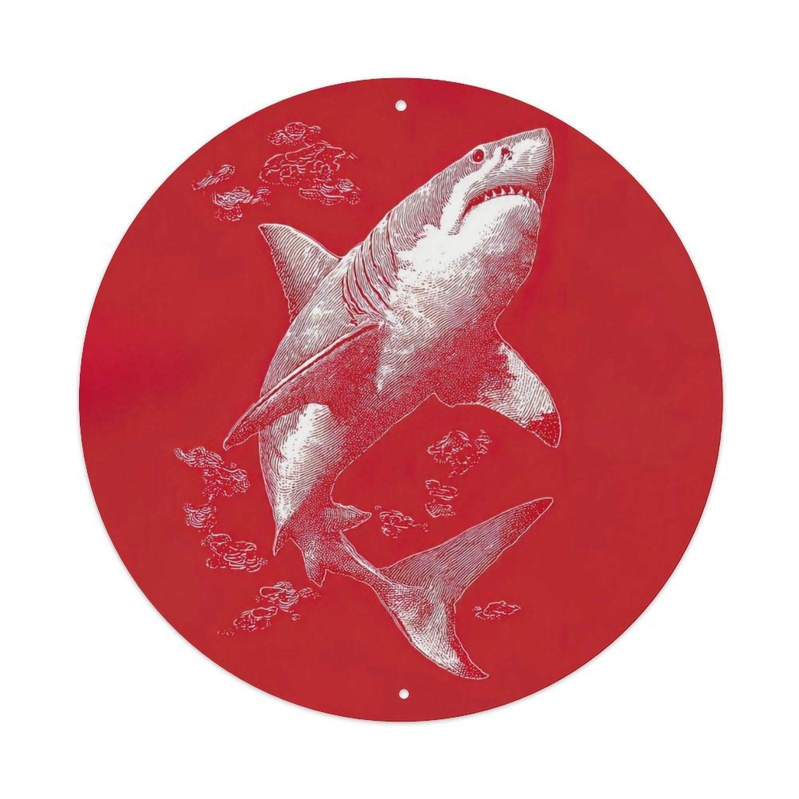Marine Animals Shark Attack Retro Engraving Style Red Background Vintage Metal Tin Sign Plaque Wall Decor for Cafe, Club Bar, Office, Garden Metal Poster 8x8Inch