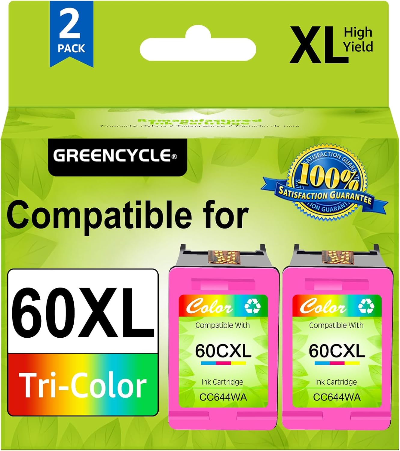 Remanufactured 60xl Tri-Color Ink Cartridges Replacement for HP 60XL CC644WN Compatible for Envy 100 D410a D410b PhotoSmart C4635 C4680C4700 DESKJET D2500 D2545 Series Printer (Color,2 Pack)
