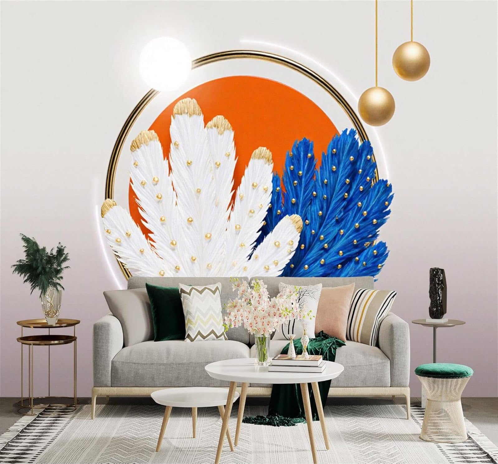 XLMING Abstract Blue and White Feathers Golden Circles Orange Sun 3D Wallpaper Silky Texture Home Study Office Grey Dining Room Sofa Bedroom Living Room TV Backdrop-300cm×210cm