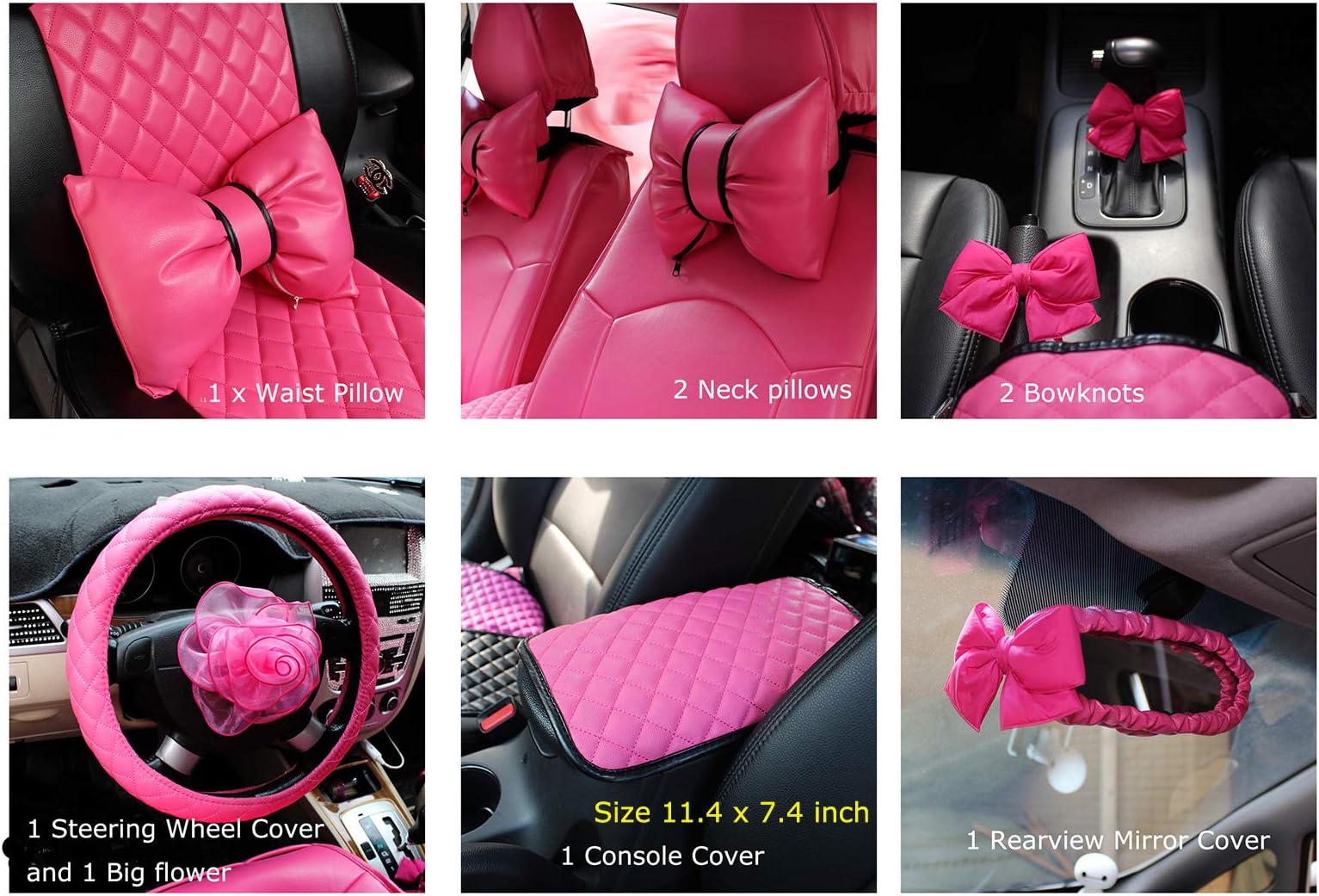 Charming Hot Pink Car Headrest Pillows, Lumbar Support Pillows, Steering Wheel Covers and Lace Flower, Console Cover, Mirror Cover, Steering Wheel Cover Hot Pink car Accessories 9pcs