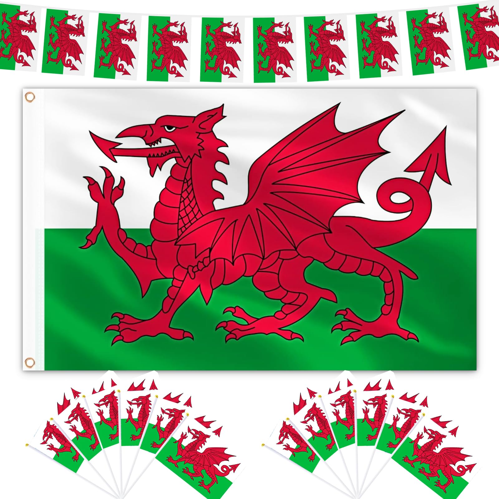 AhfuLife Welsh Flags Set for St.David's Day Decorations, 10m-30pcs Welsh Banners Bunting, 1pcs 5 * 3ft Wales Flag, 12pcs Handheld Flags for St.David's Day World Cup Street Garden Decor — image 1