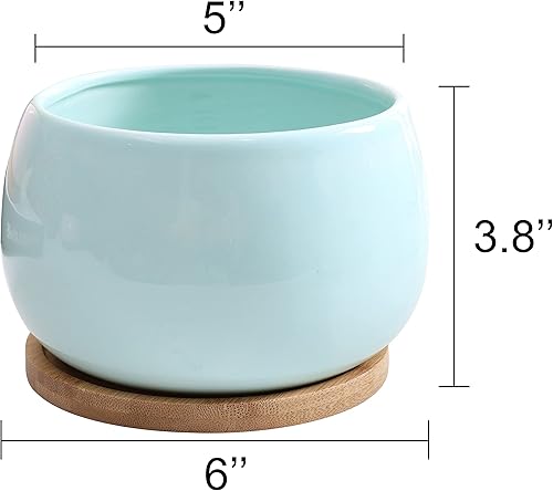 Miniatura 2 de Jusalpha Maceta grande de cerámica de 5 pulgadas con orificio de drenaje y platillo de bambú para plantas de interior, maceta 07 (azul)