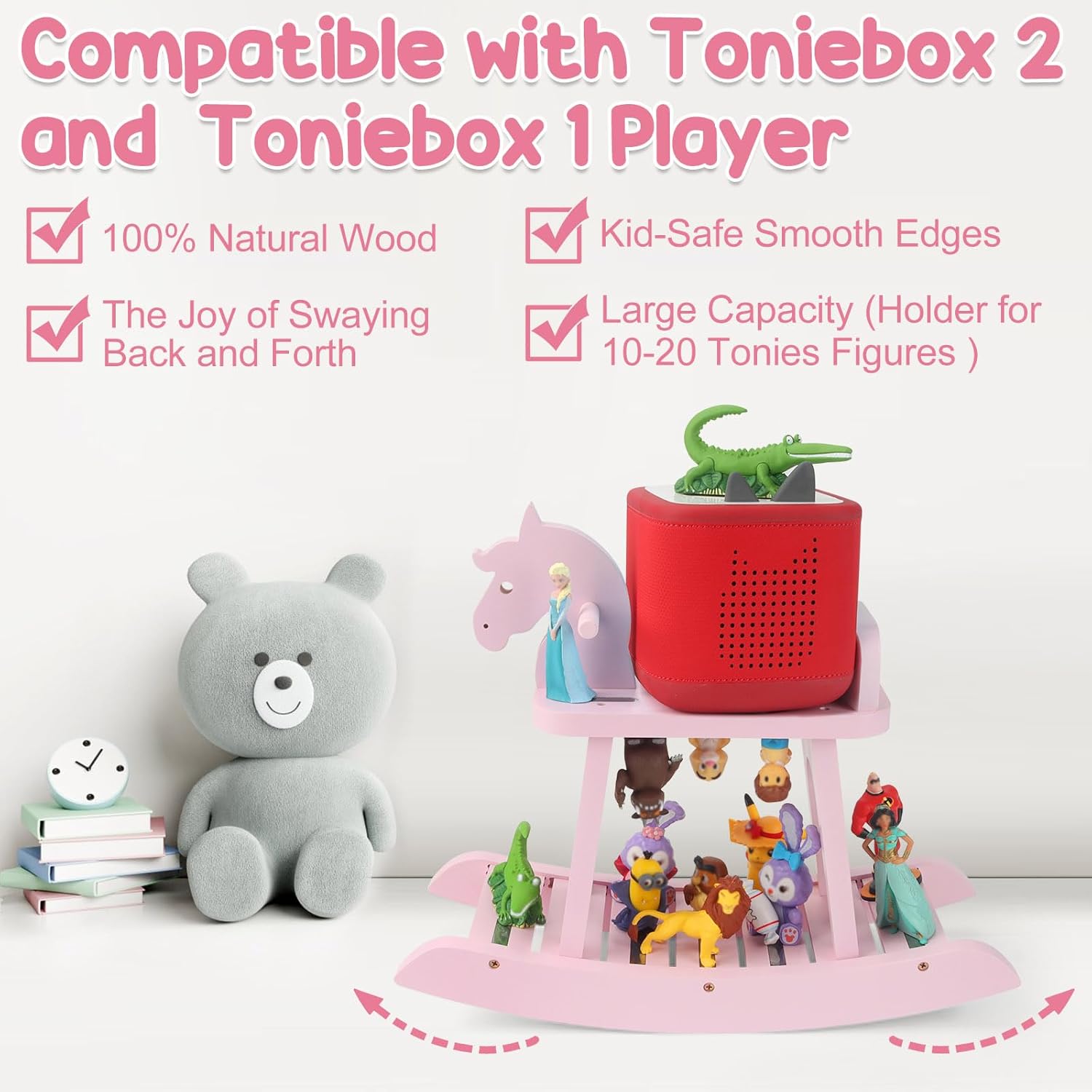 for Toniebox 2 and Toniebox 1 Tonie Shelf, Tonies Figures Tonies Storage,Magnetic Wooden Floating Shelves Compatible with Tonie Box Player Character (Pink, Horse)
