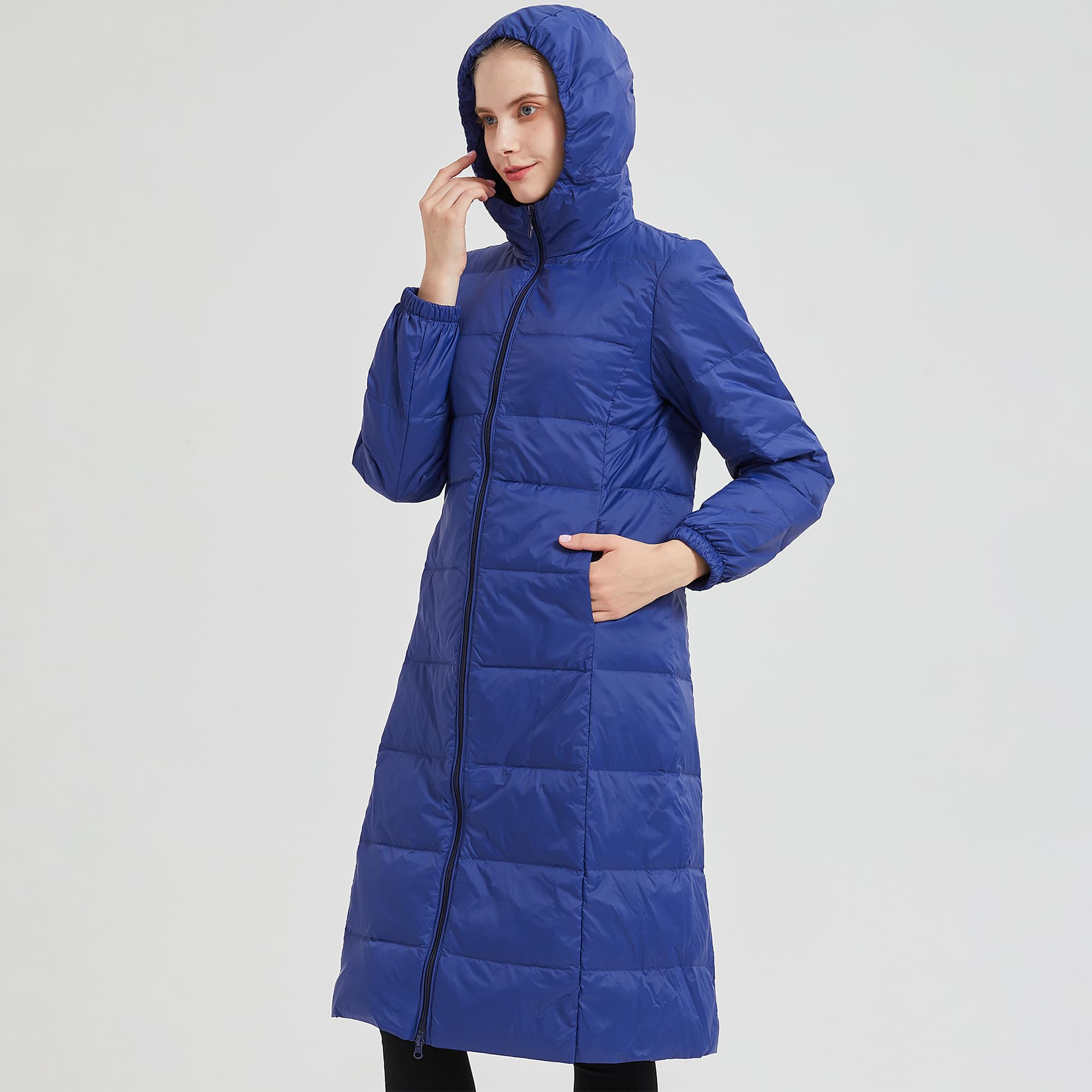 Piumino lungo leggero ripiegabile da donna, sottile e caldo, con cappuccio (disponibile in taglie forti)