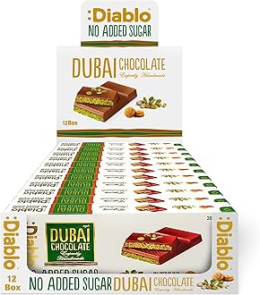 Diablo No Added Sugar Dubai Chocolate Bar – Smooth & Rich No Added Sugar Chocolate for All, Great for Gifting on Christmas, Birthdays, Valentines & More, Ideal Snack for Adults & Kids, 200g Pack of 12
