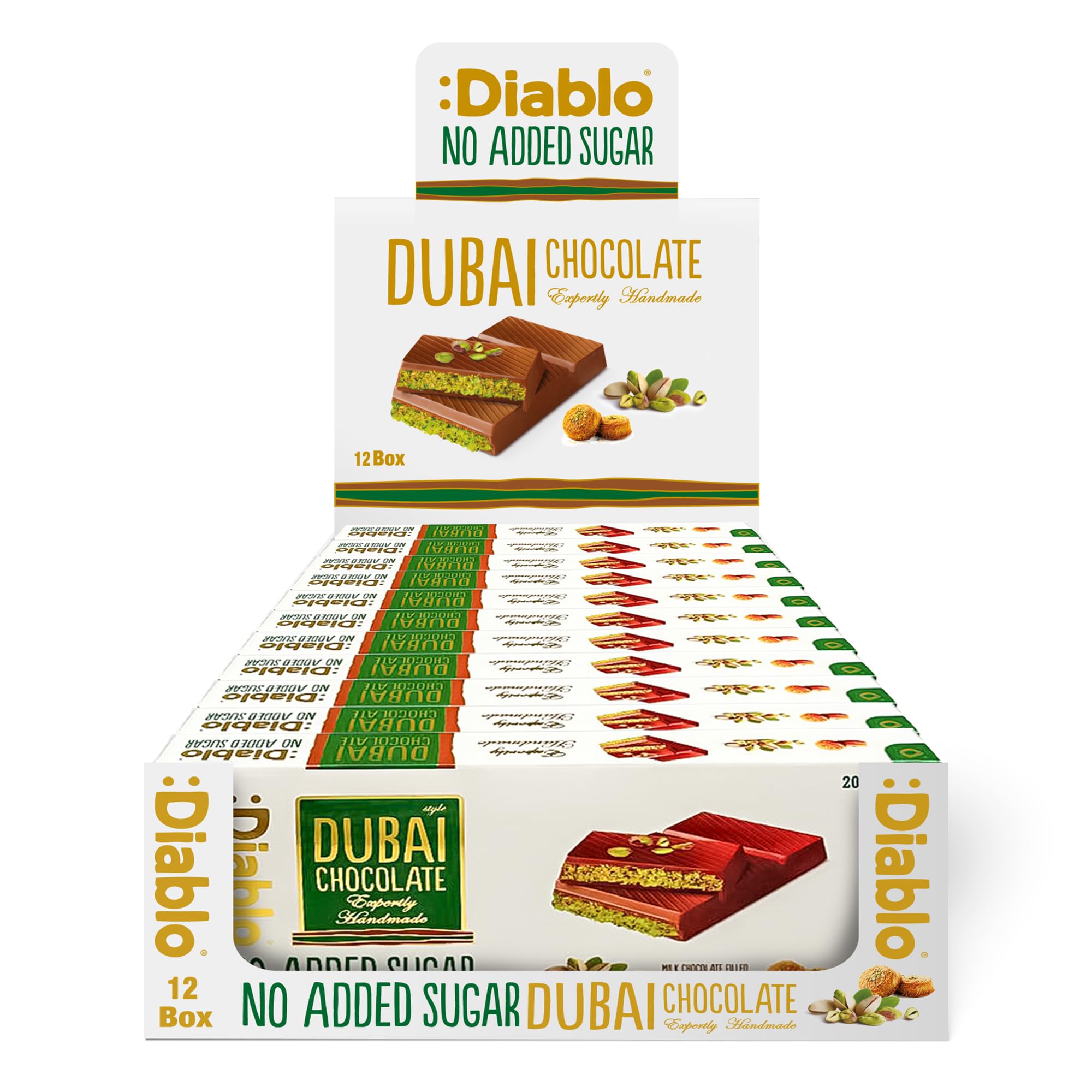 Diablo No Added Sugar Dubai Chocolate Bar – Smooth & Rich No Added Sugar Chocolate for All, Great for Gifting on Christmas, Birthdays, Valentines & More, Ideal Snack for Adults & Kids, 200g Pack of 12