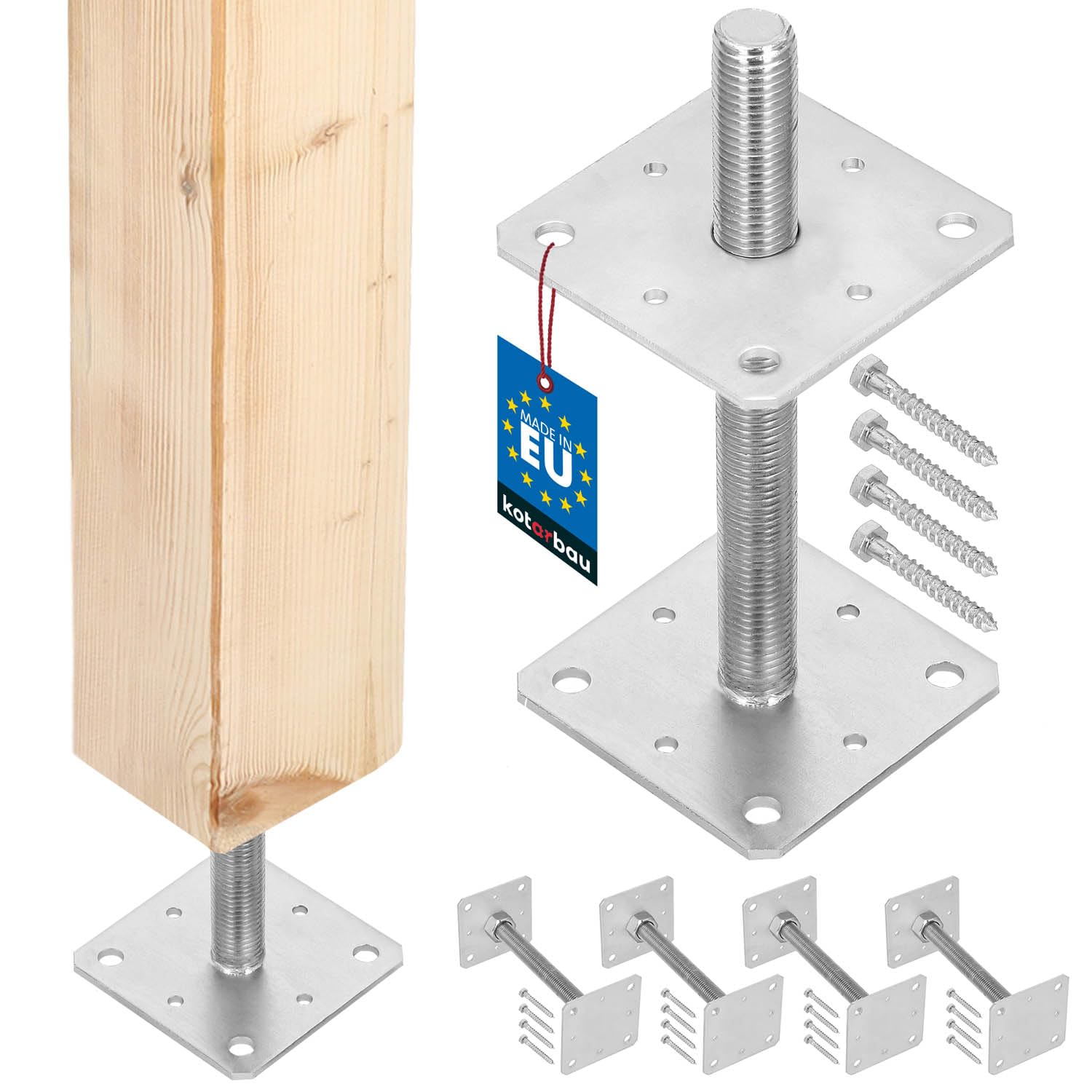 Kotarbau Silver Kotarbau® 4 Pcs. Fence Post Support - Post Base - Galvanised Steel - 110 X 110 X 250 Mm (4.3 X 4.3 X 9.8 Inches) - M24 - For Bolting To Concrete